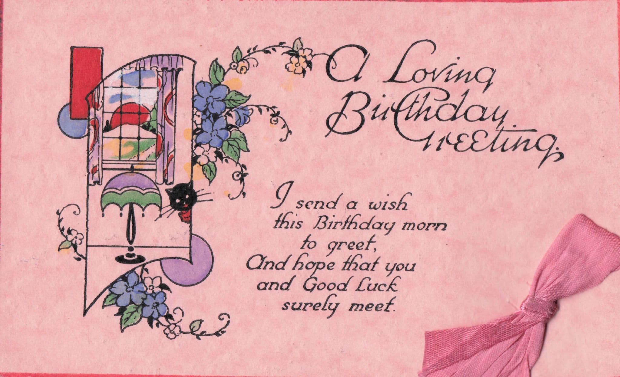Real Pink Ribbon A Loving Birthday Wish Black Cat Old PB Postcard