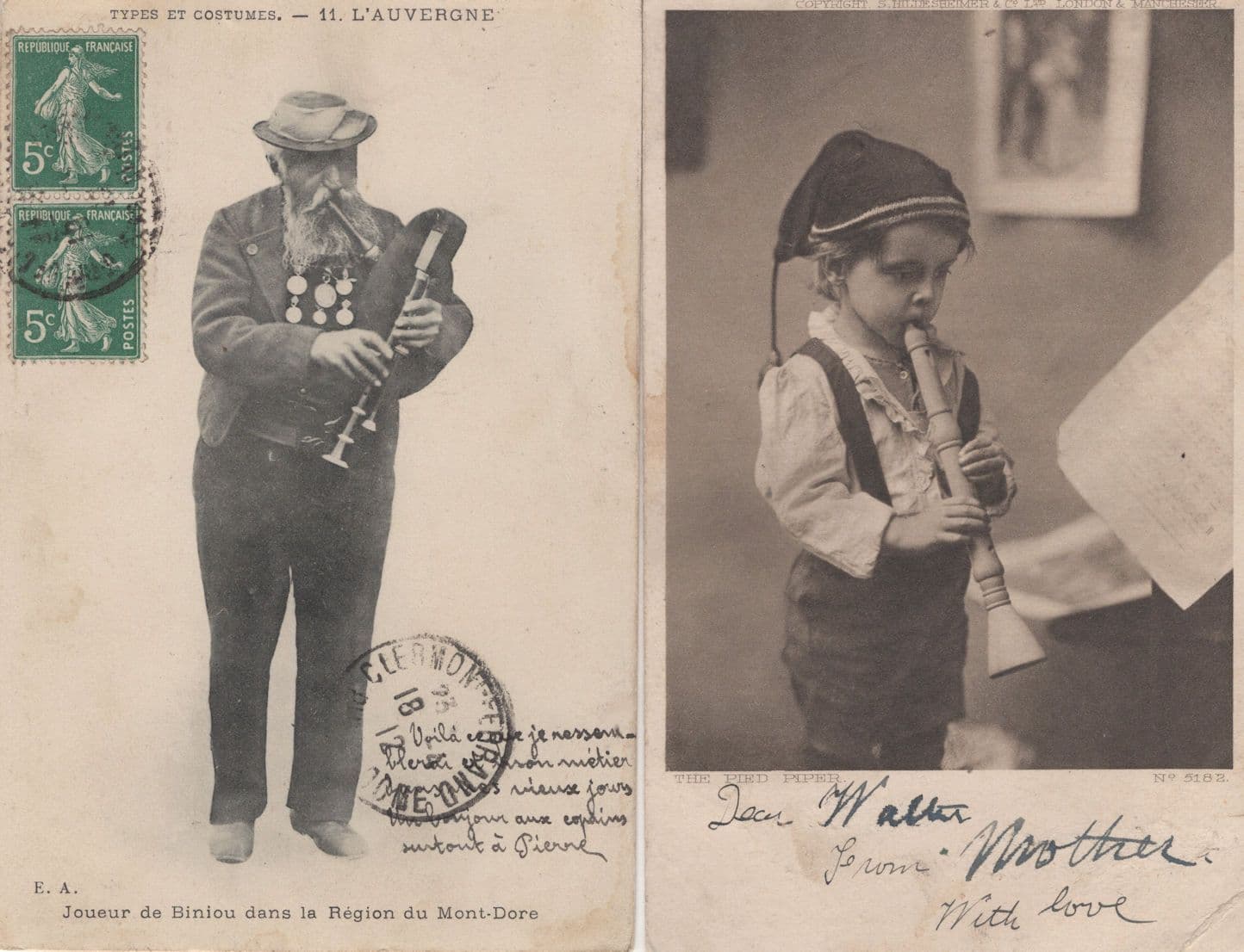 Recorder Elderly Woodwind Musical Instrument 2x Old Postcard s