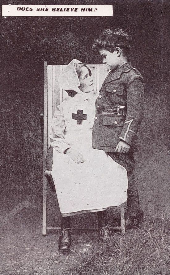 Red Cross Nurse & Military Soldier Boy Antique Postcard