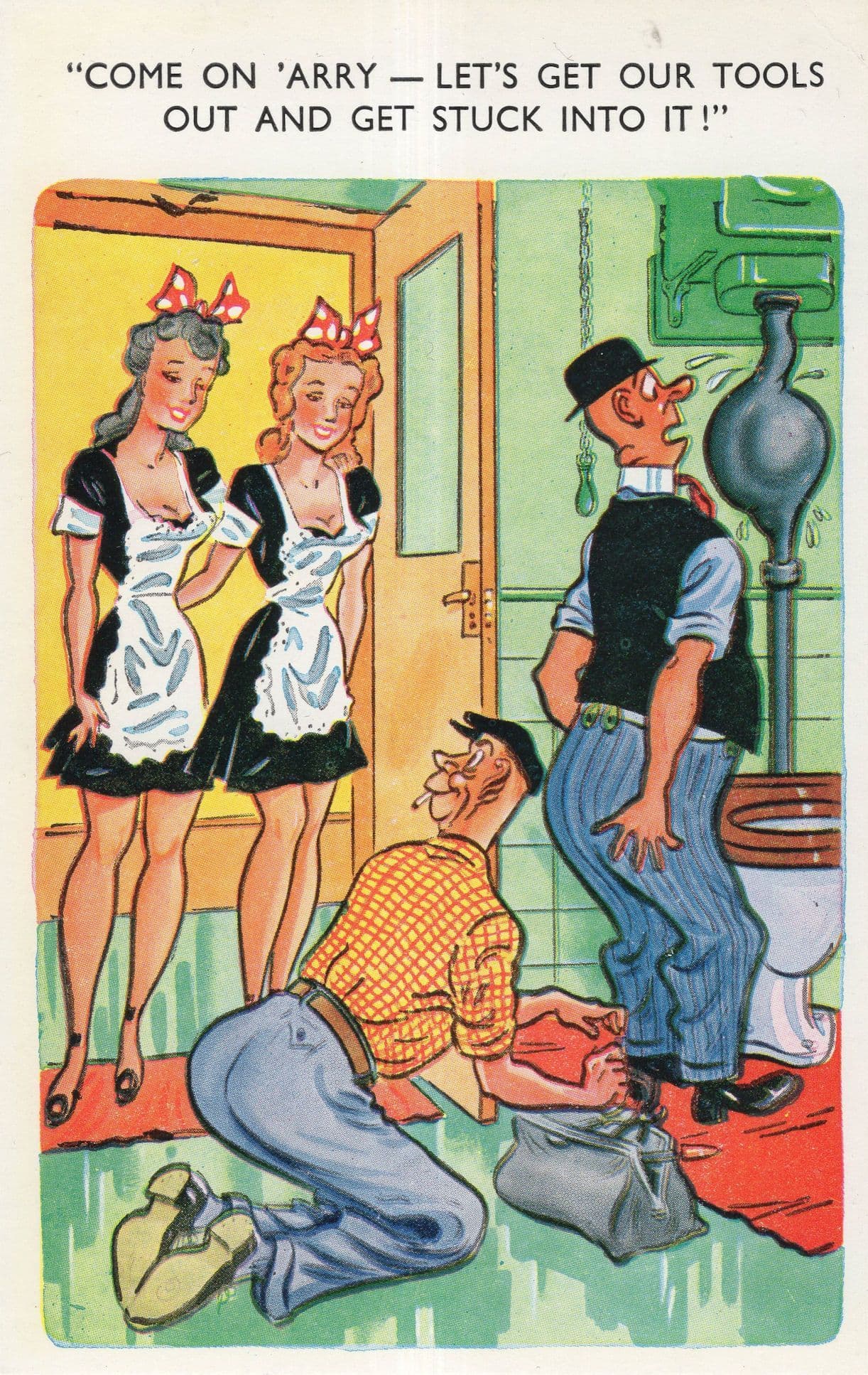 Red Hot Sex French Maids Cleaning Workers Private Parts In WC Comic Postcard