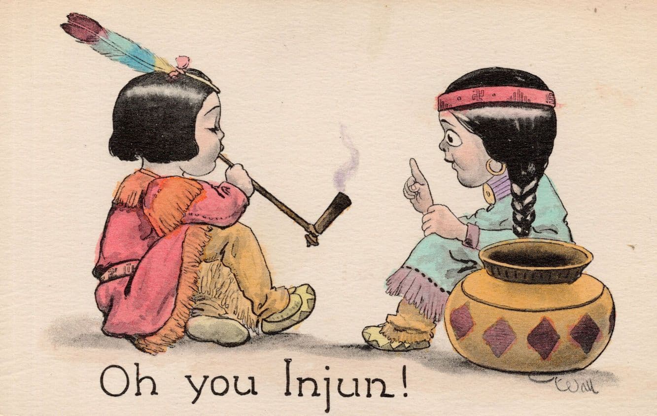 Red Indian Children Smoking Pipe Old Native American Comic Postcard