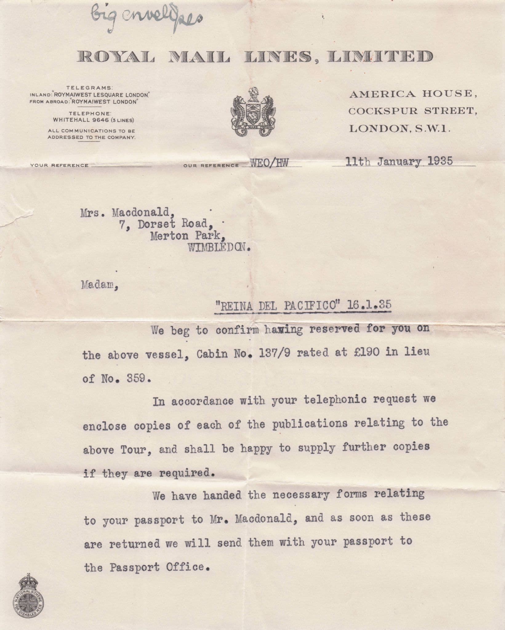 Reina Del Pacifico 1935 Royal Mail Lines Cruise Ship Old Booking Letter