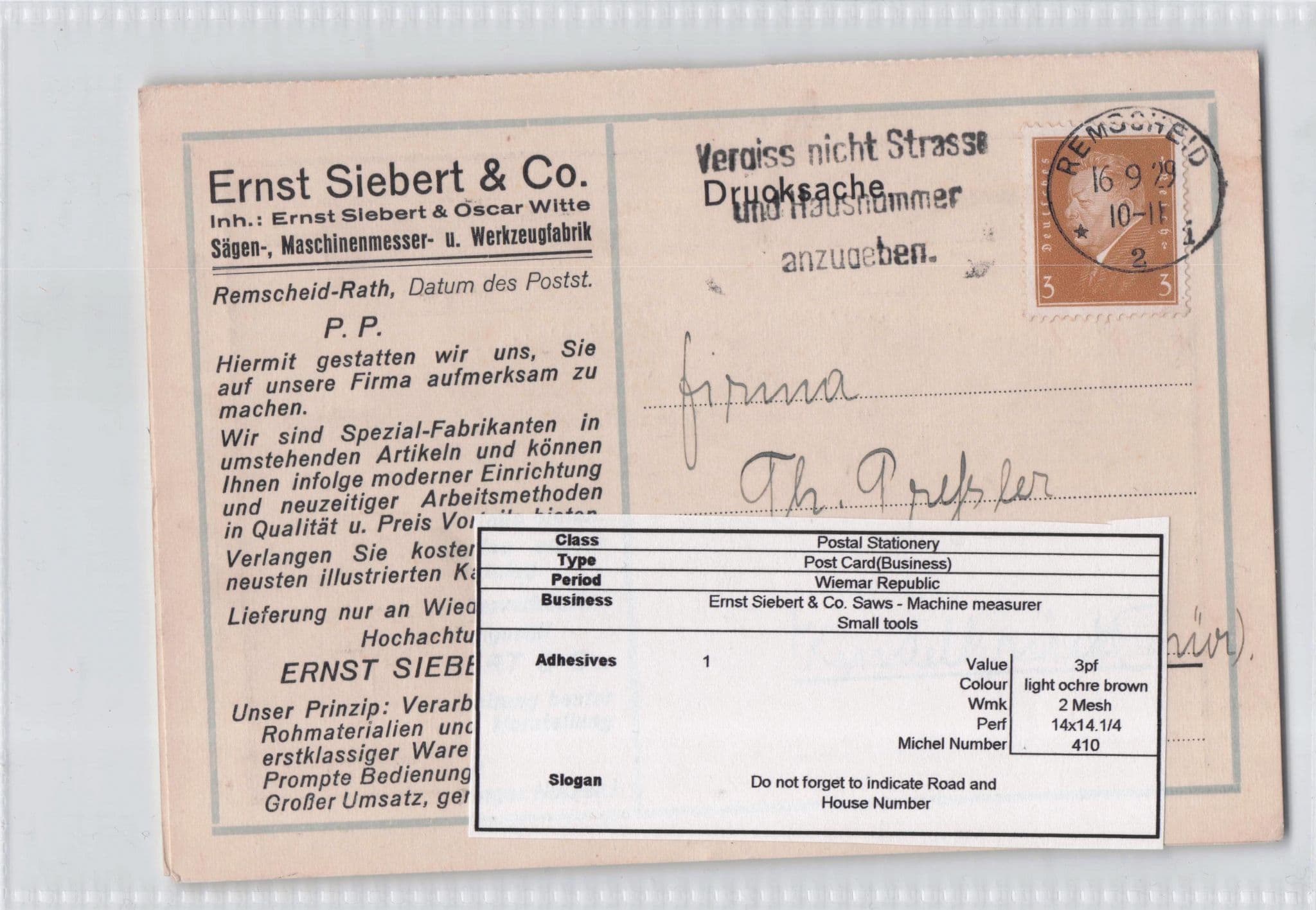 Remscheid Machine Measuring Tools Dealer German Old Postcard
