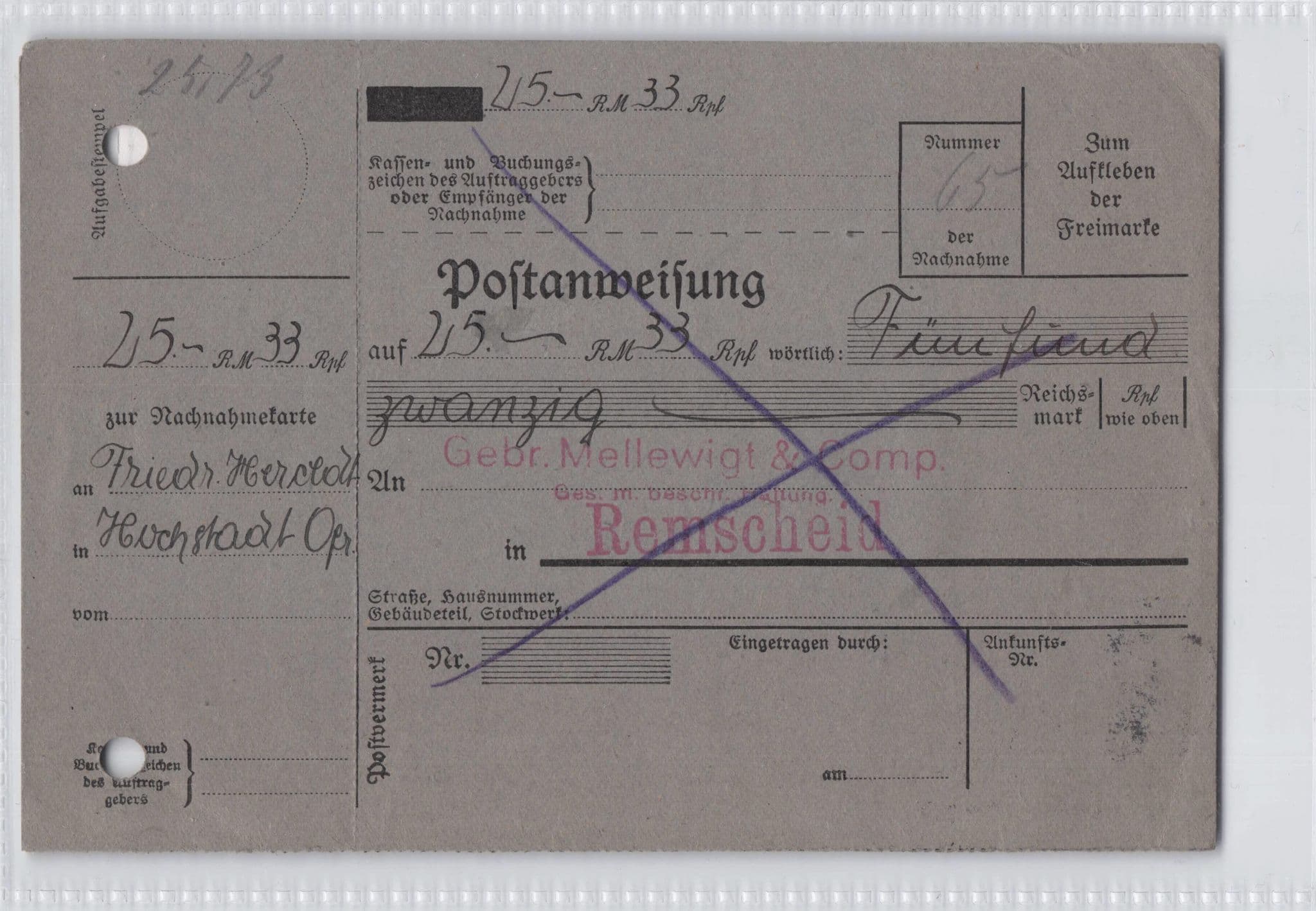 Remscheld Zuruck Germany Postal History Cash On Delivery 1932 Postcard