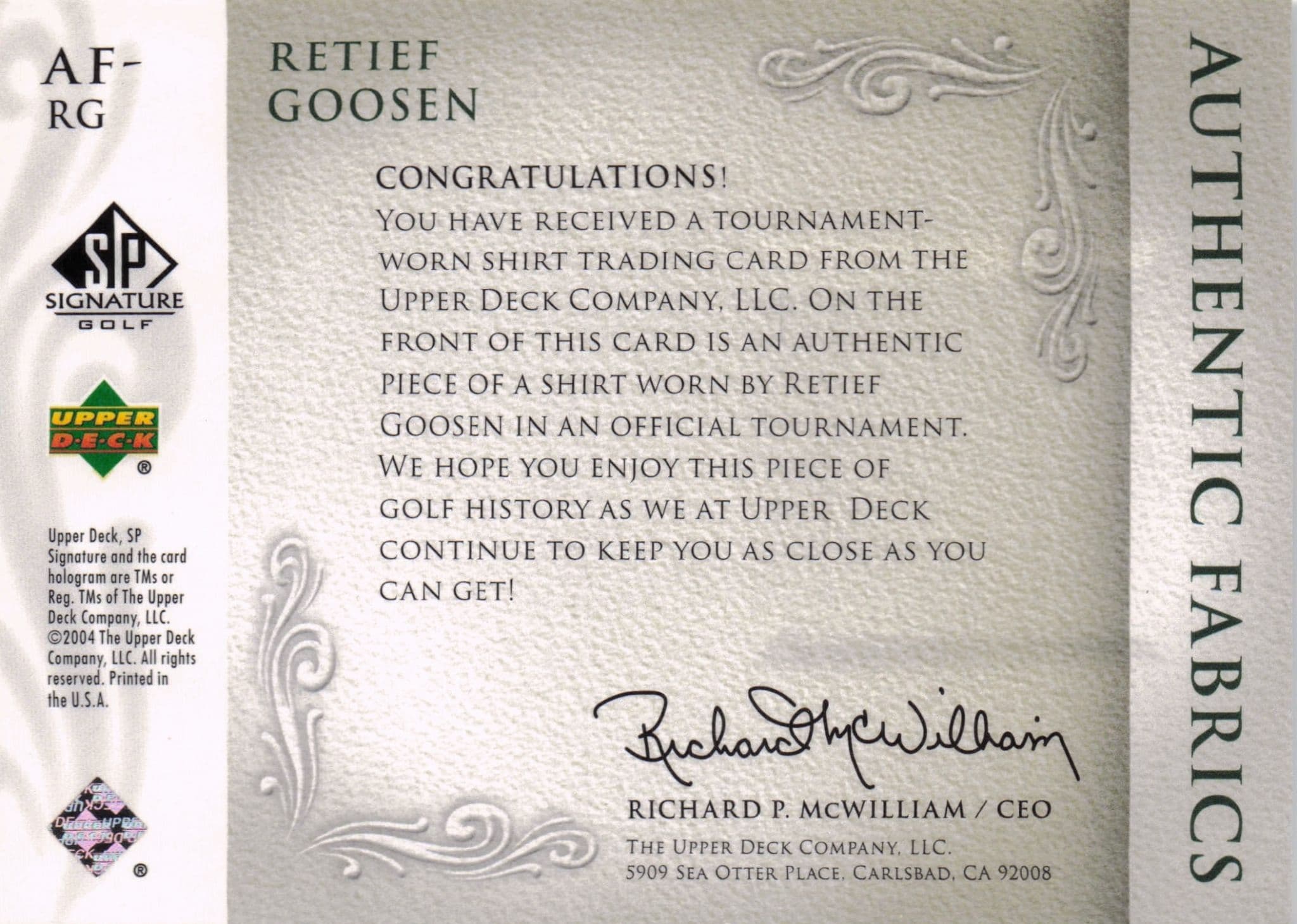 Retief Goosen Authentic Fabrics 2004 Upper Deck Real Golf Shirt Card