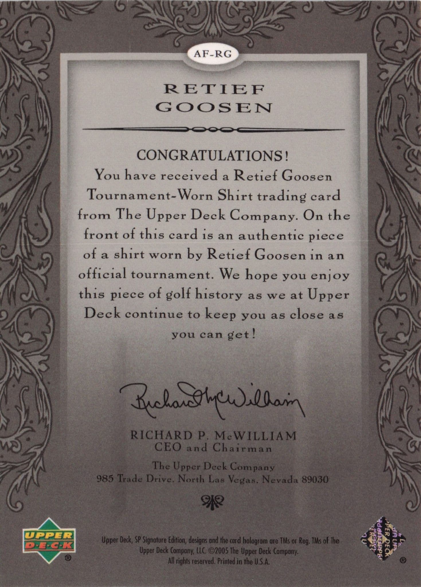 Retief Goosen Authentic Fabrics 2005 SP Golf Upper Deck Worn Shirt Card
