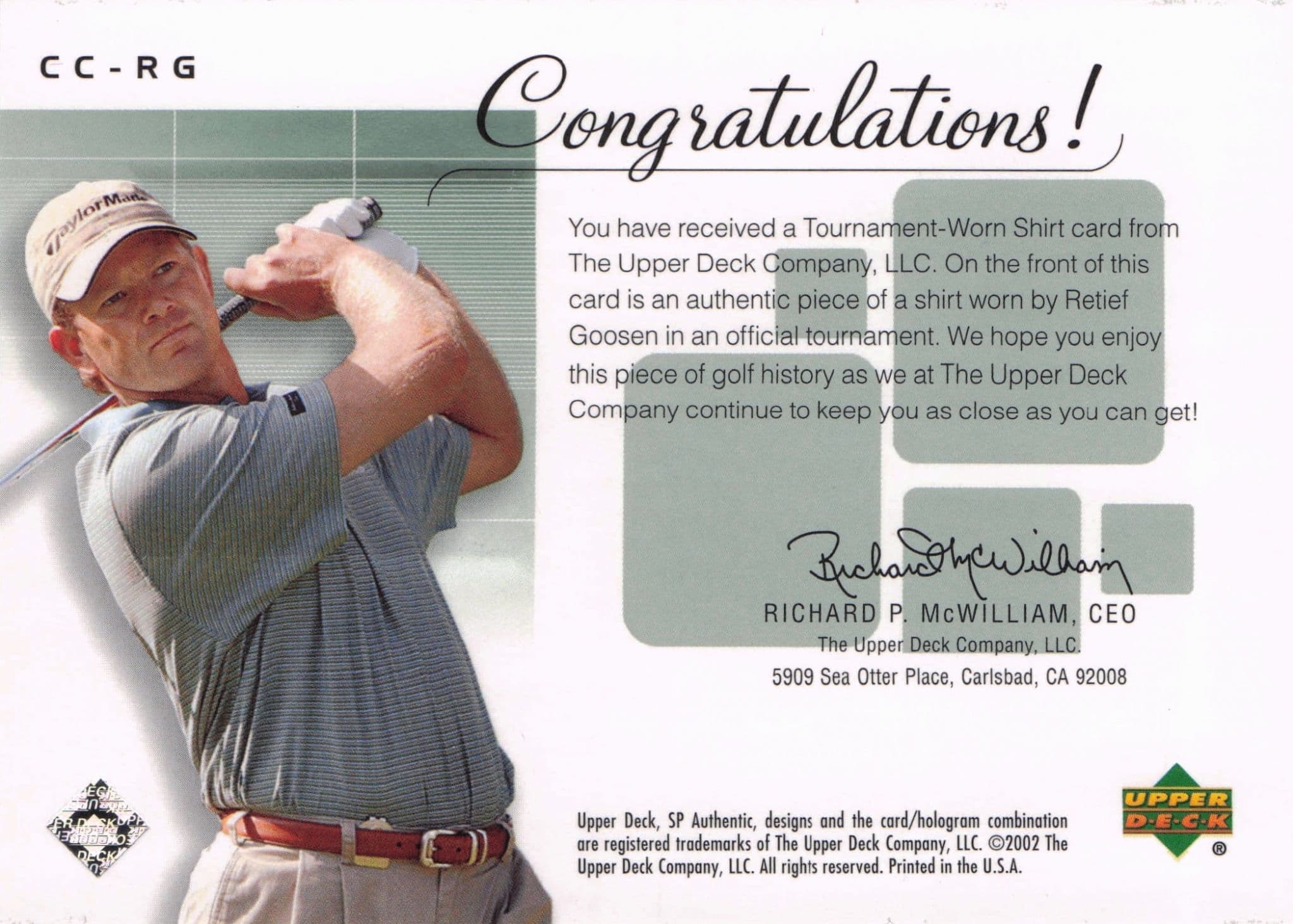 Retief Goosen Course Classics 2002 Authentic Worn PGA Tour Golf Shirt Card