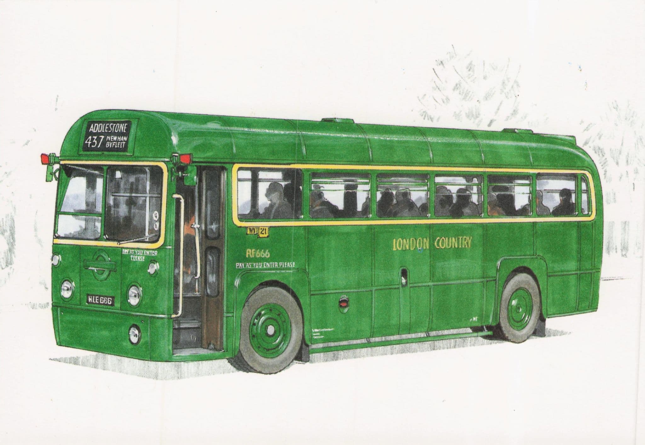 RF London Country AEC Regal mark Addlestone Bus Painting Postcard