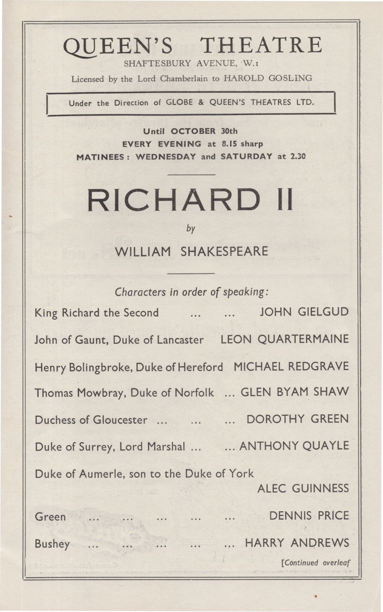 Richard II John Gielgud 1937 Queens Theatre London Shakespeare Programme