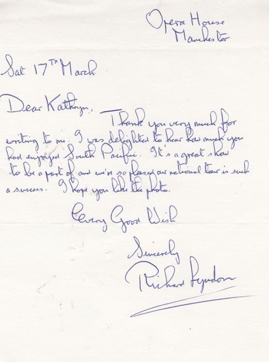 Richard Lyndon Manchester South Pacific 1988 Cast Hand Written Private Letter