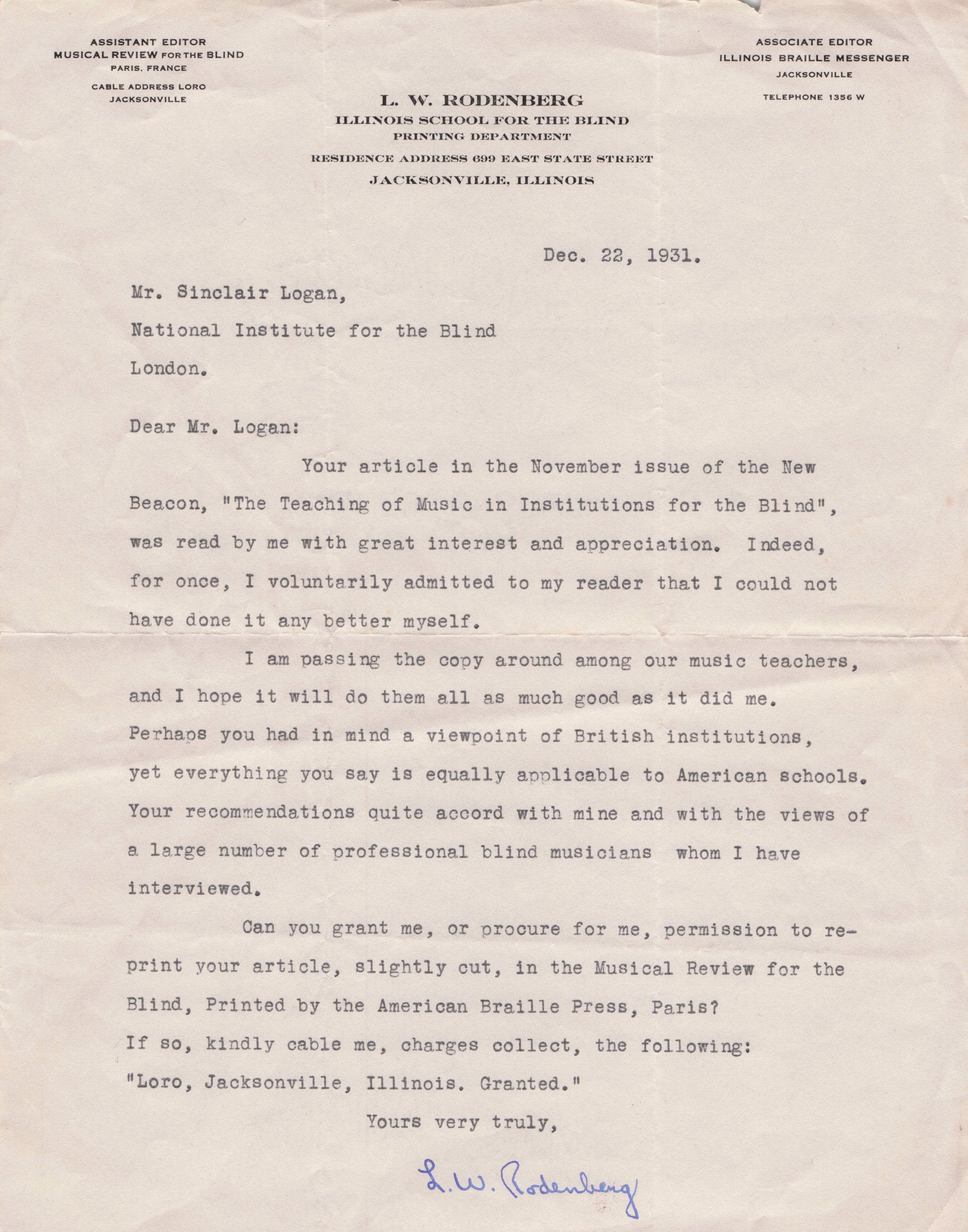 Louis Rodenberg of Braille Music Illinois School For Blind Old Hand Signed Letter