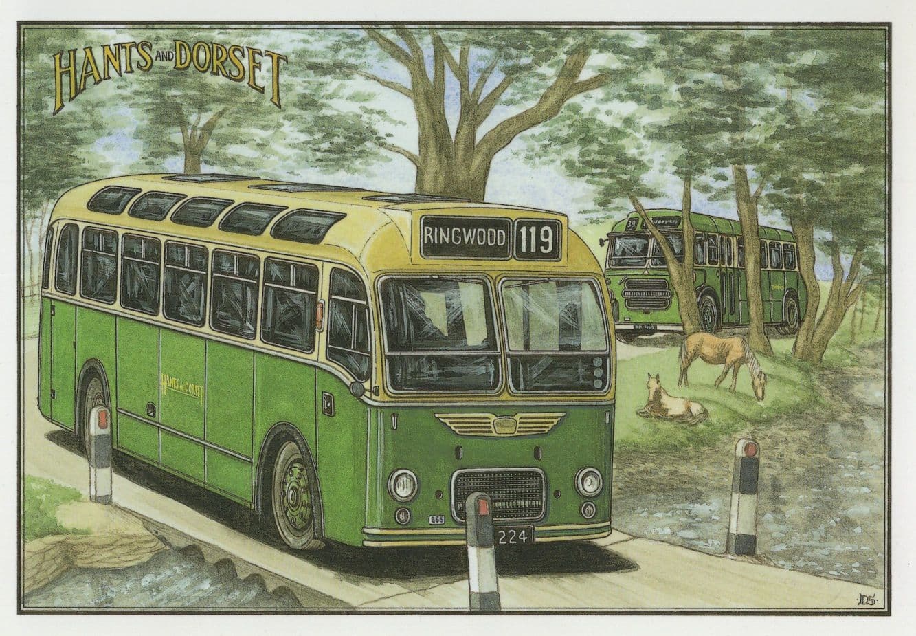 Ringwood 119 Bus River Bridge Hampshire Dorset Motor Services Art Postcard