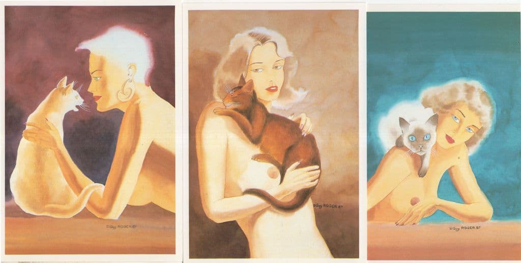 Risque Cat Lovers 3x French Feline Painting Postcard s