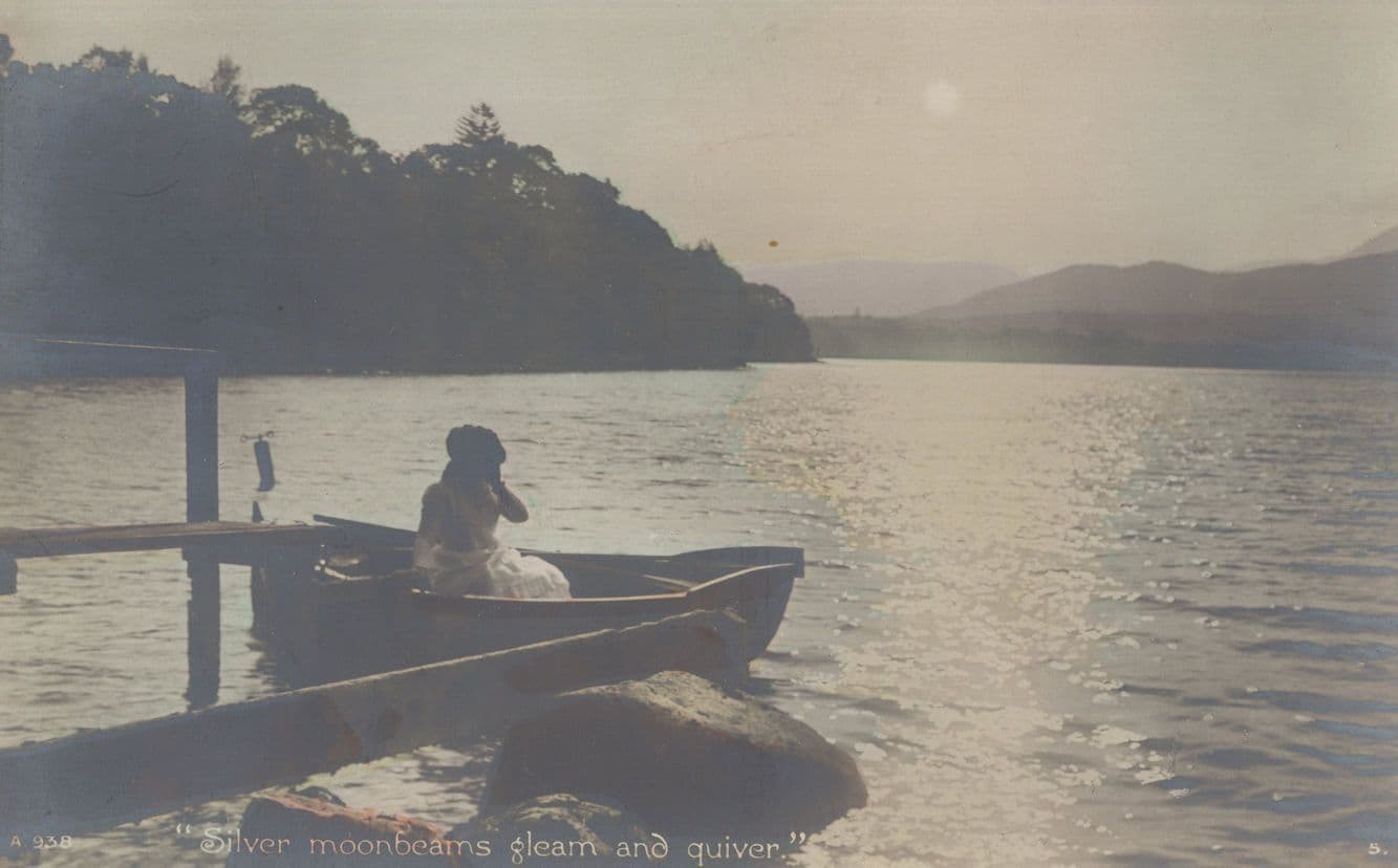 Risque Lady In Rowing Boat Ship At Night Antique Postcard