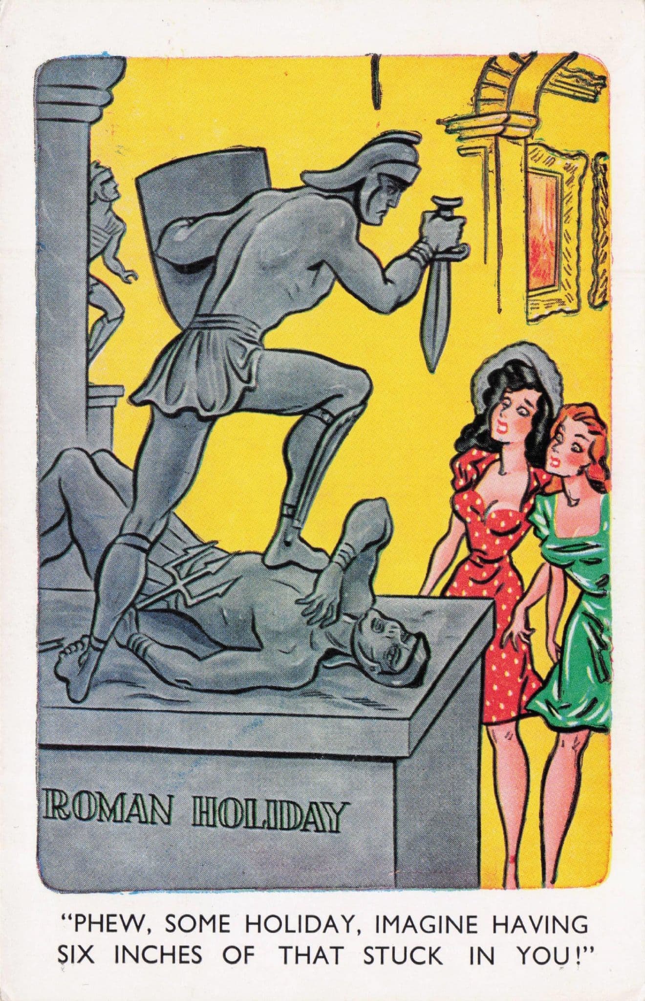 Risque Roman Warrior Statue in Art Gallery Old Comic Postcard