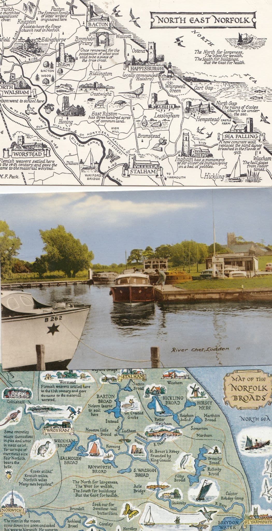 River Chet Norfolk Broads & Map 3x Postcard s