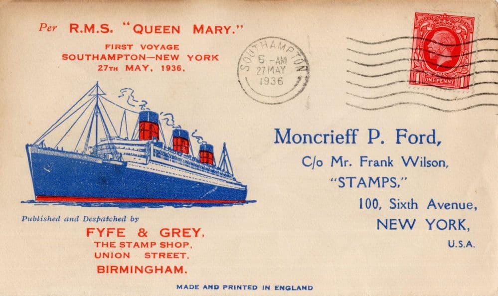 RMS Queen Mary Ship 1936 Maiden Voyage Southampton Postmark Old FDC