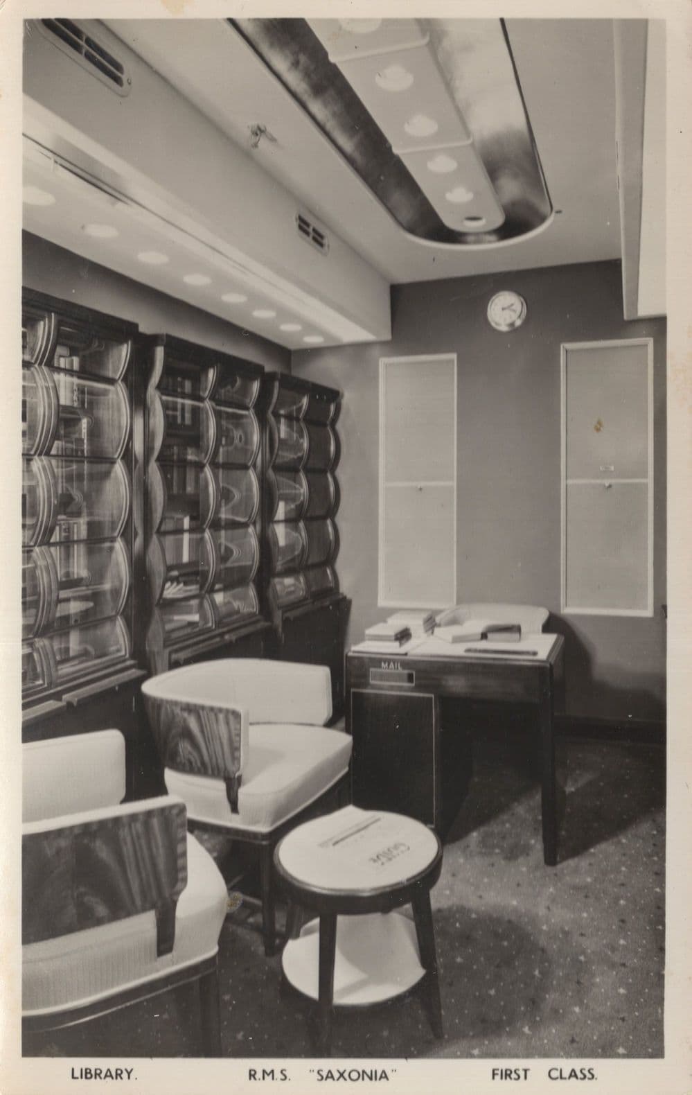 RMS Saxonia First Class Clock Library Post Mail Room Ship Postcard