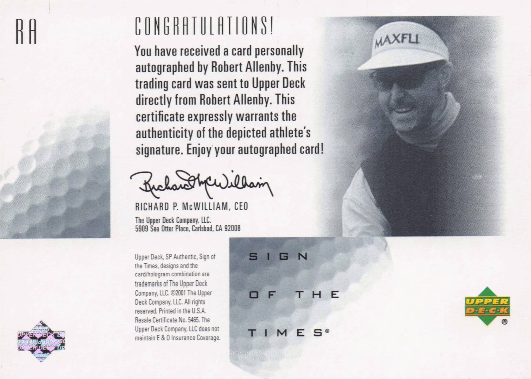 Robert Allenby Sign Of The Times Hand Signed 2001 SP Golf Autograph Card