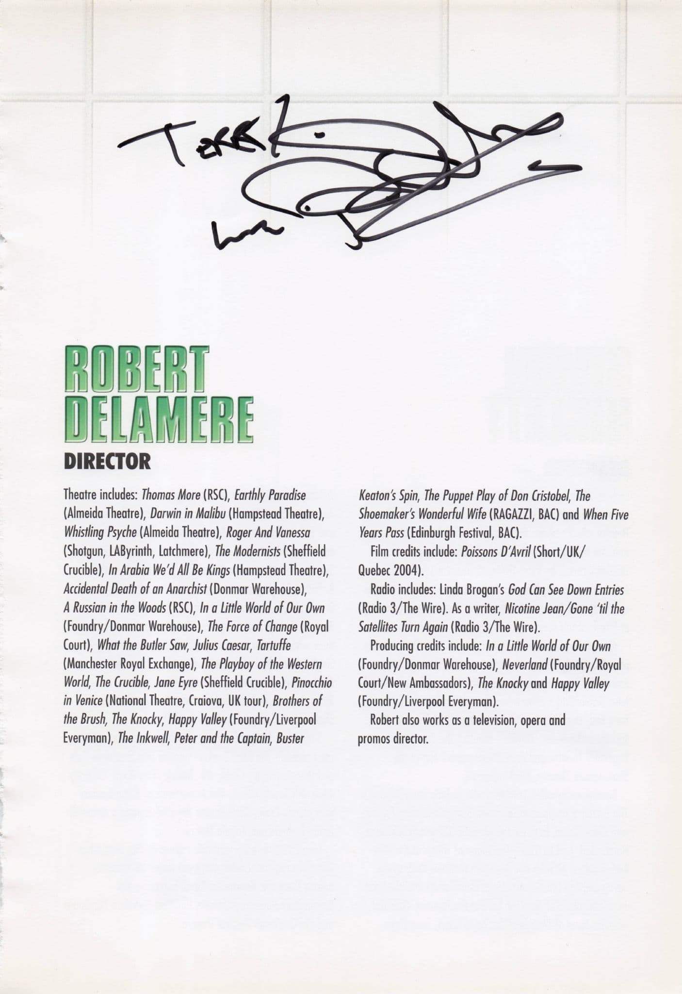 Robert Delamere Quebec Film Theatre Director Hand Signed Page