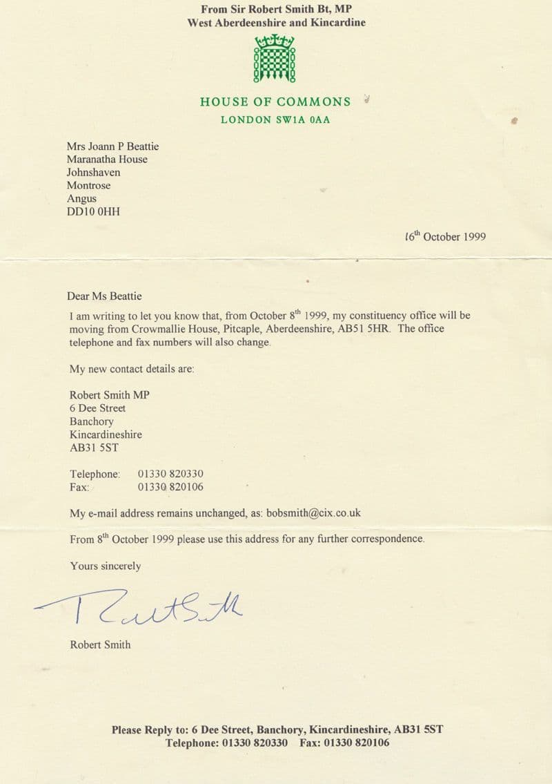 Robert Smith Scottish MP Liberal Democrat Hand Signed House Of Commons Letter