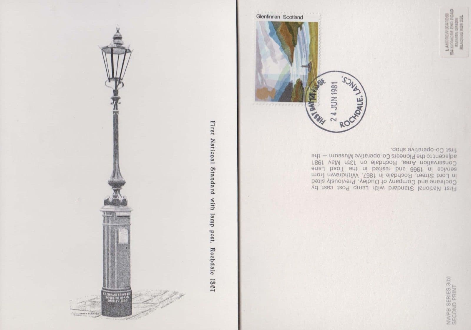 Rochdale First Royal Mail Pillar Box 1867 Lamp Post First Day Cover Postcard