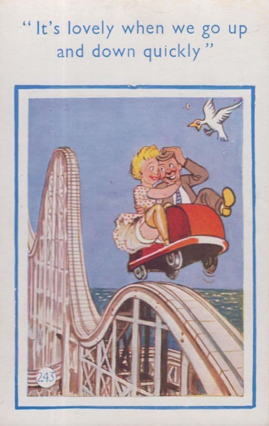 Rollercoaster Ride Lovers In Air Dodgem Car Nearly Accident Old Comic Postcard