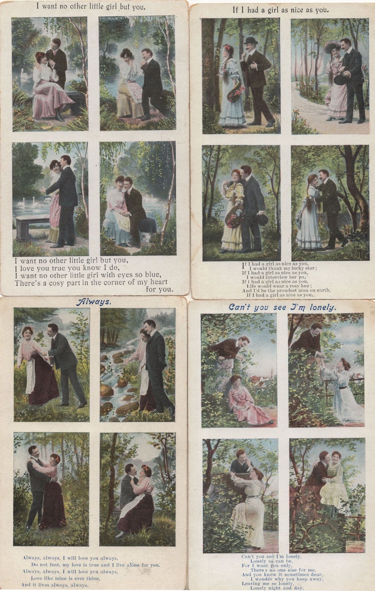 Romance Girl Always As Nice As You 4 x Antique Love Postcard s