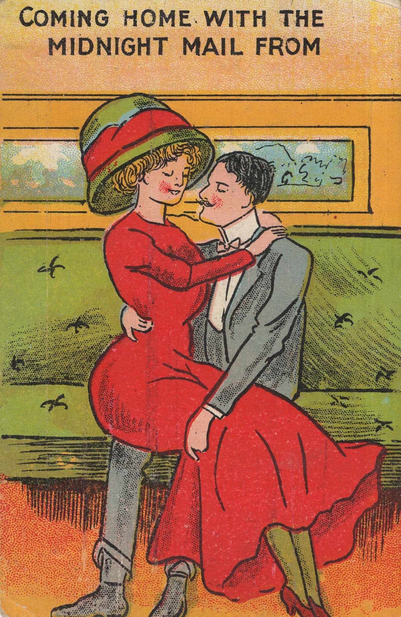 Romance On Midnight Mail Post Train Railway Antique Comic Postcard