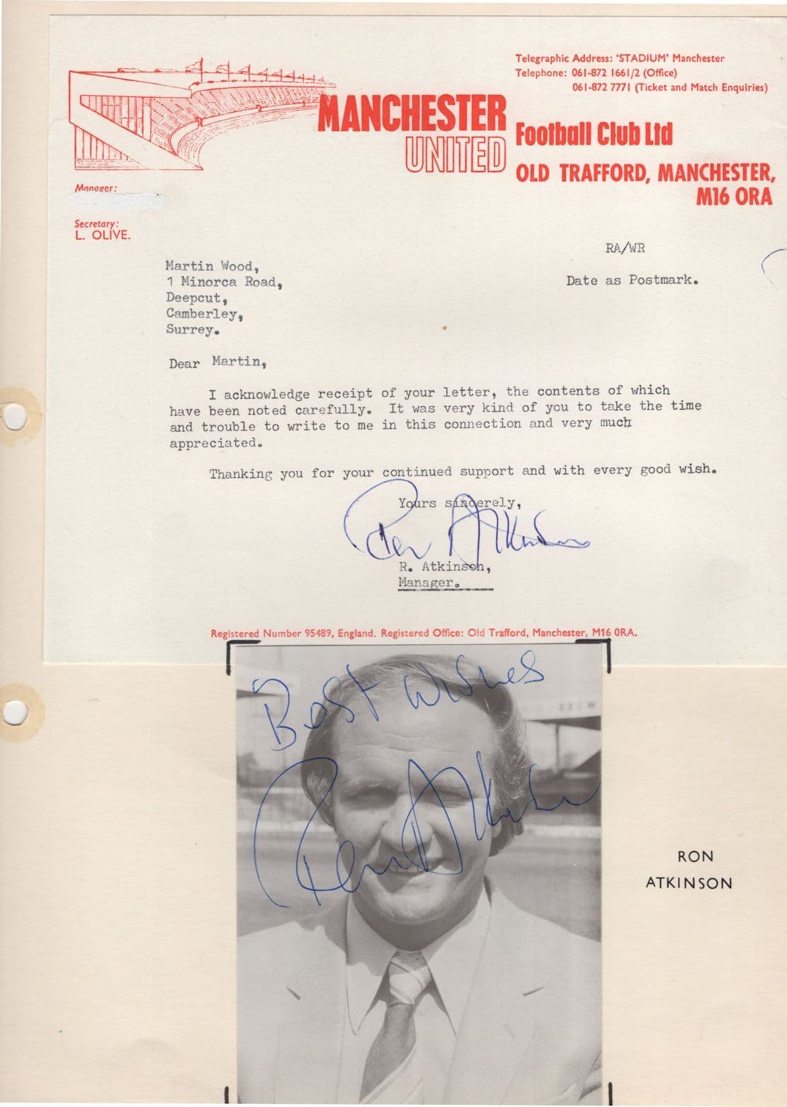 Ron Atkinson Manchester United FC Mounted Hand Signed Photo & Letter
