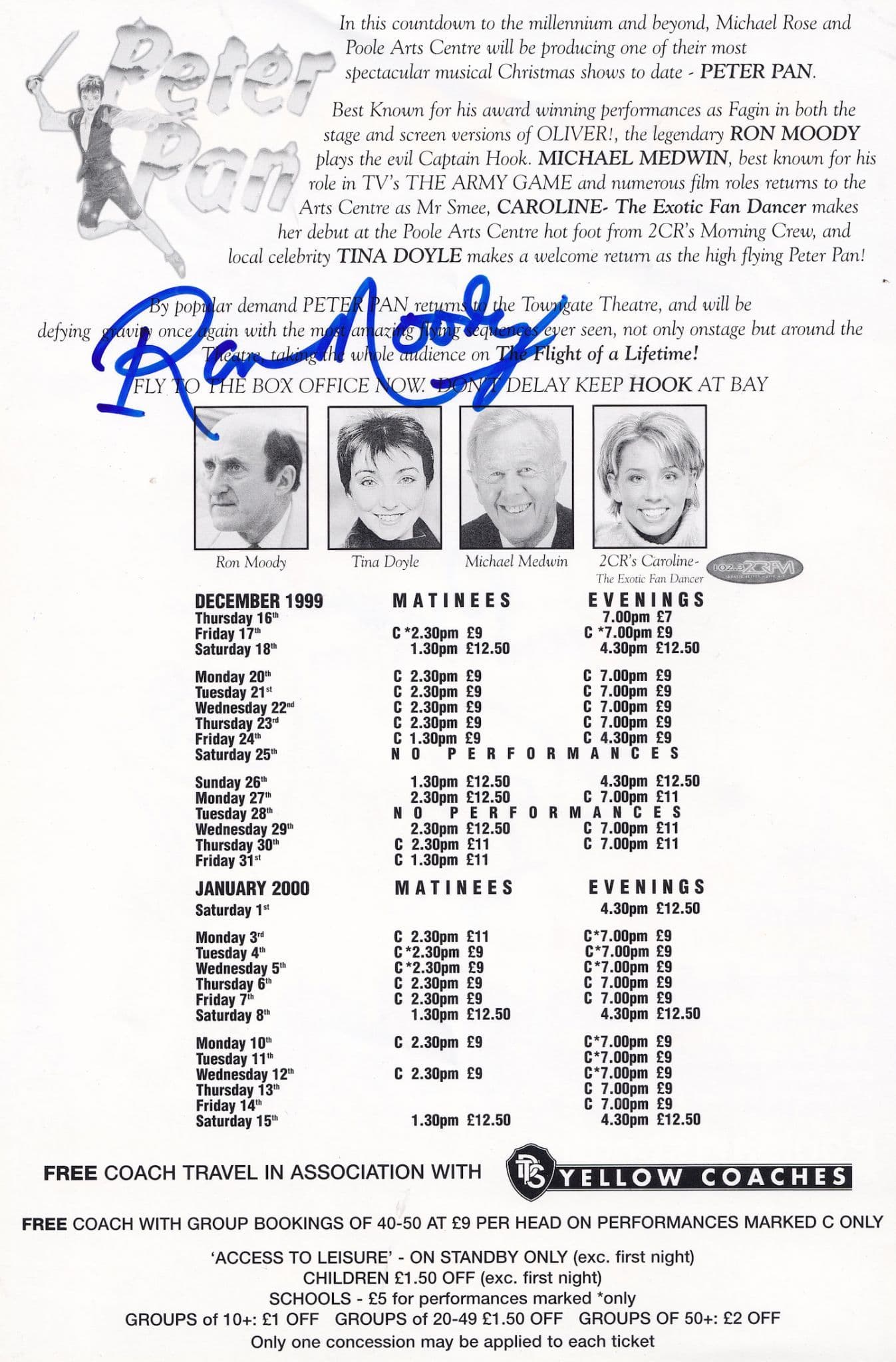 Ron Moody Oliver Movie as Captain Hook DOUBLE Hand Signed Theatre Flyer