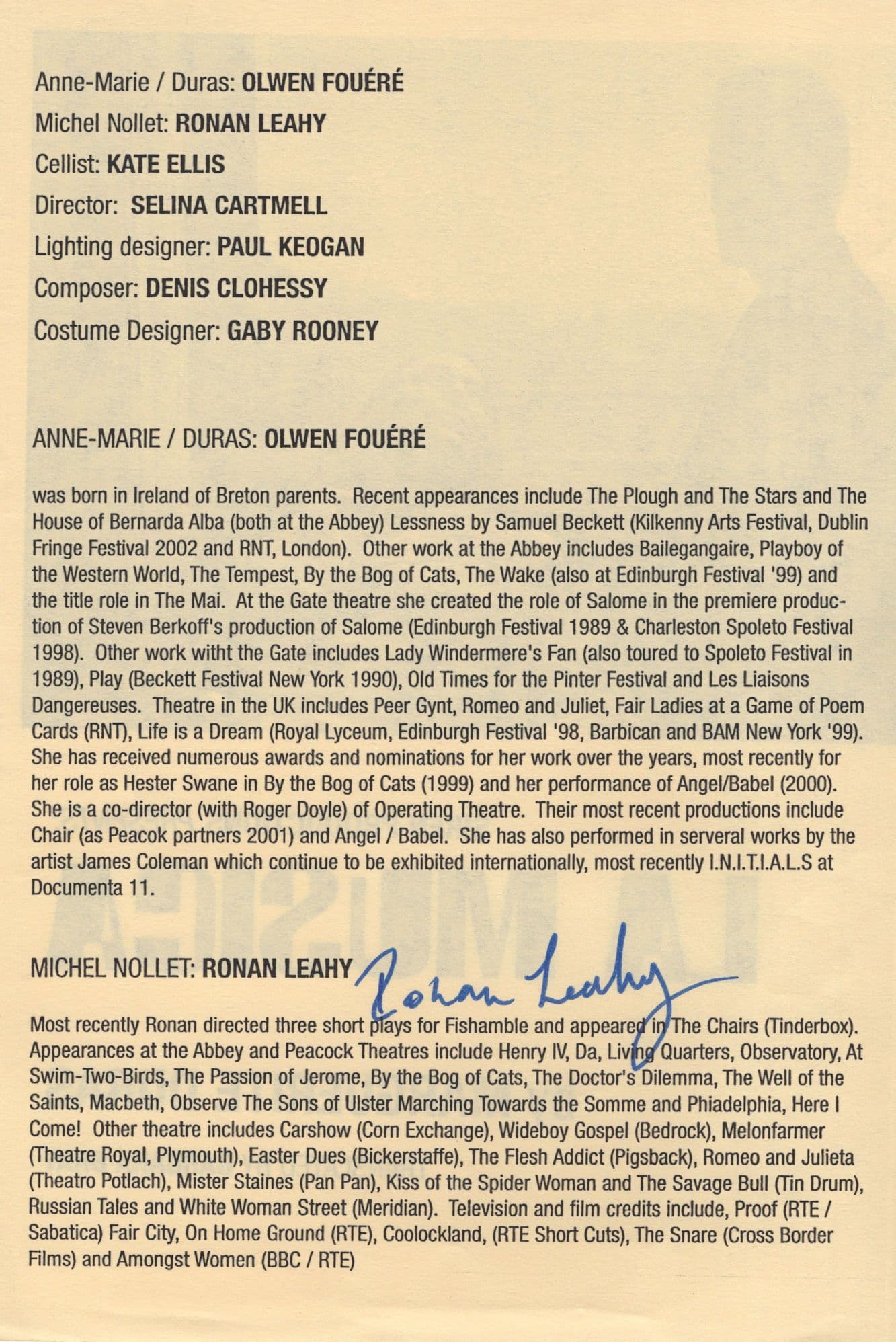 Ronan Leahy Batman Begins Irish La Musica Hand Signed Theatre Programme