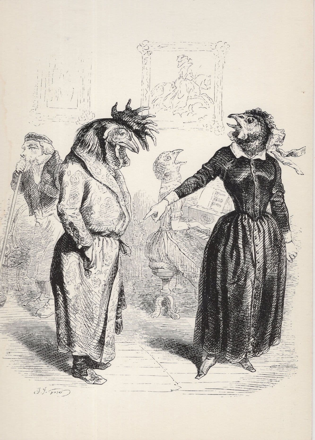 Rooster & Hens Crow Louder JJ Grandville Victorian French Illustrator Art Postcard