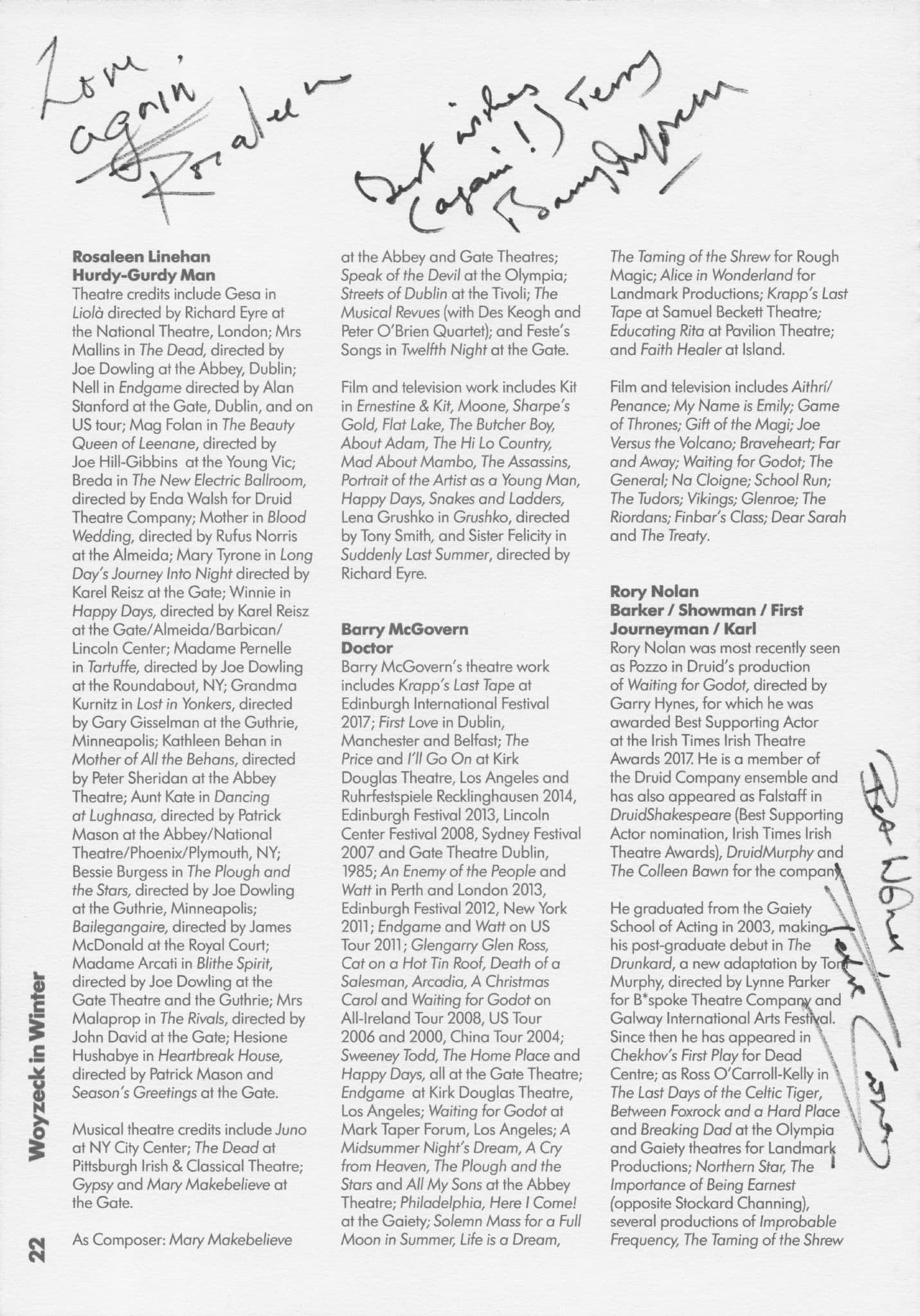 Rosaleen Lineham Rory Nolan Barry McGovern MULTI Hand Signed Theatre Page