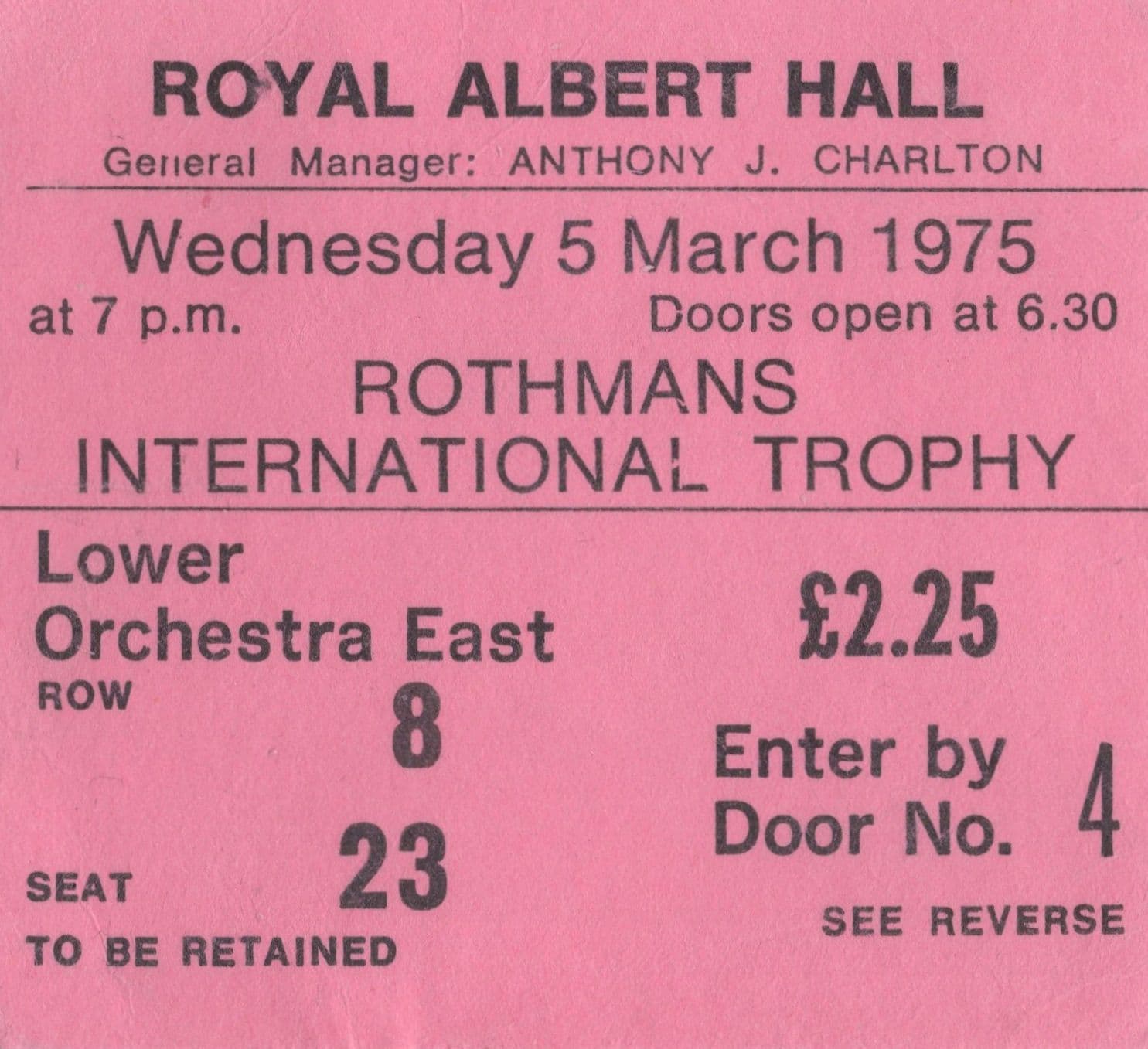 Rothmans International Trophy Tennis 1975 Royal Albert Hall Ticket