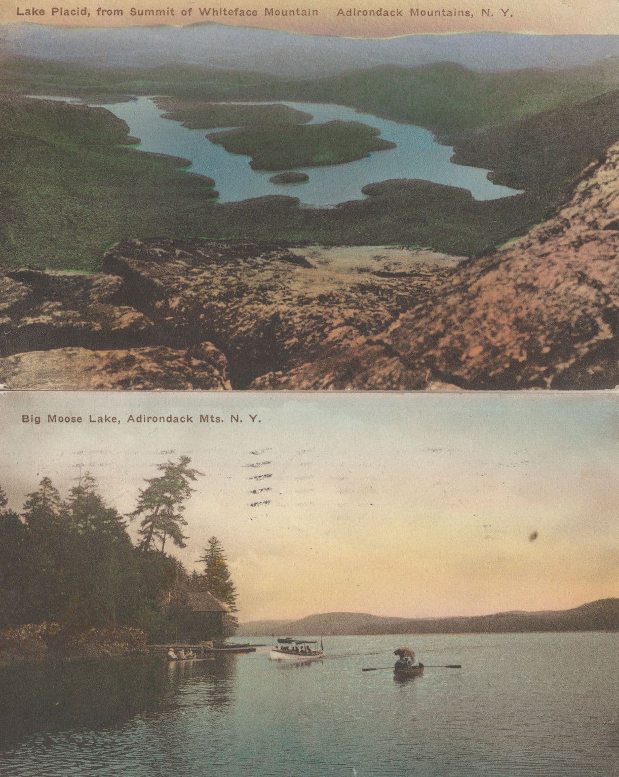 Rowing Boat Vs Tourist Ship at Big Moose Lake Adirondacks New York 2x Postcard