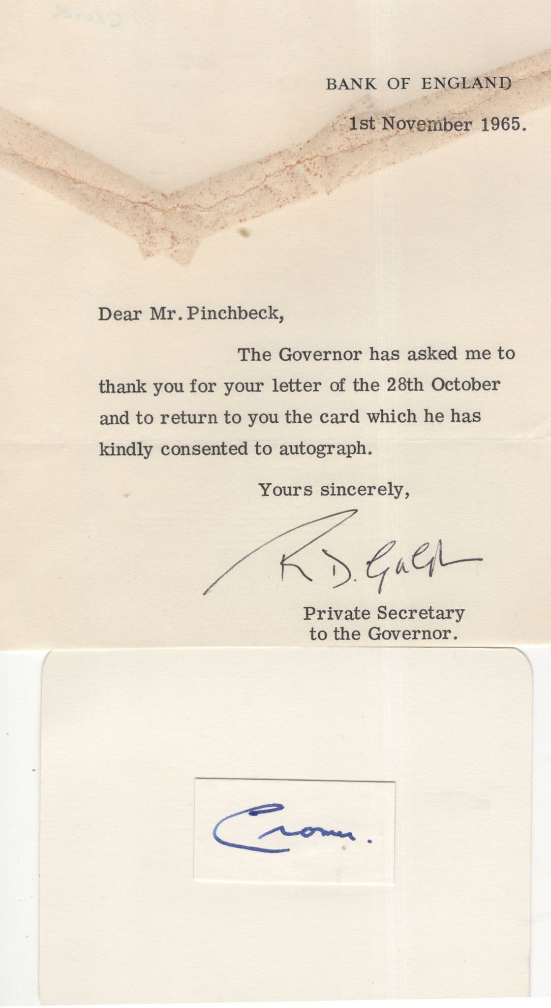Rowland Baring 3rd Lord Of Cromer Bank Hand Signed Letter + Card