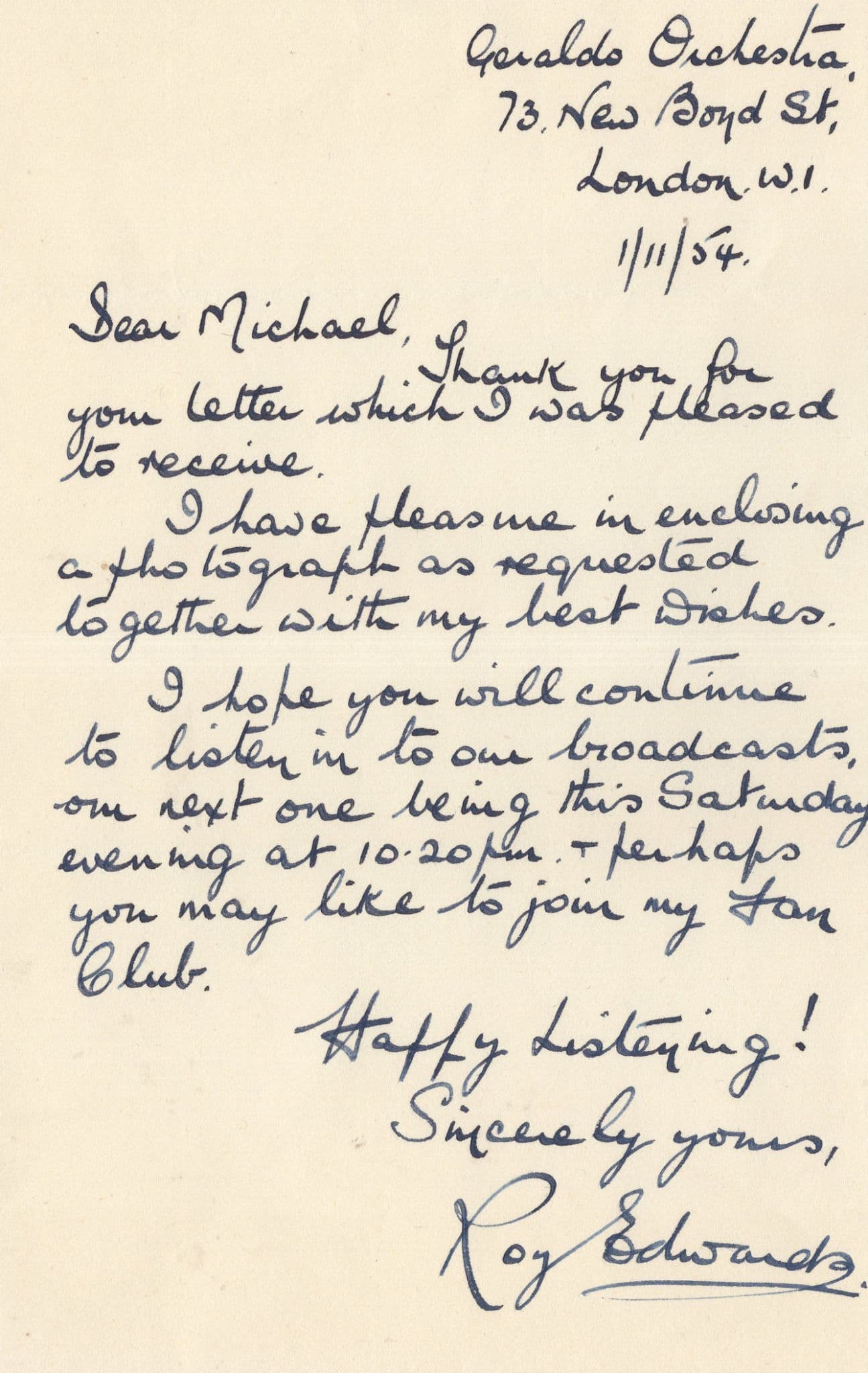 Roy Edwards Radio DJ Geraldo Orchestra Hand Signed Letter