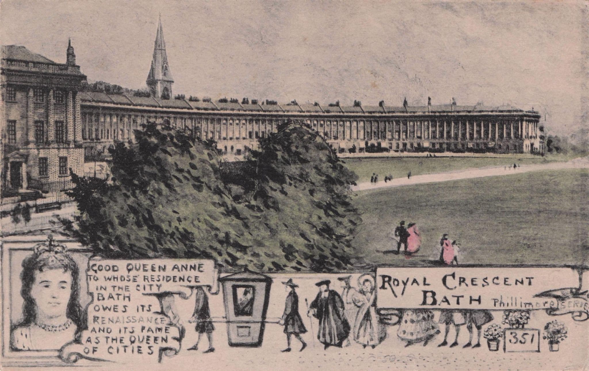 Royal Crescent Bath Gardens Queen Anne Phillimore WW1 1918 Postcard