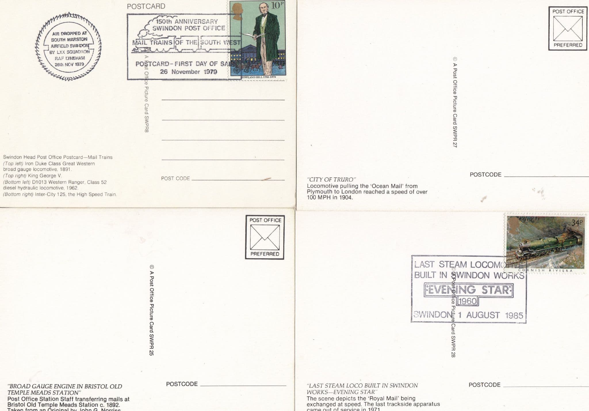 Royal Mail Trains Locomotives Swindon 1979 FDC 1985 4x Postcard s