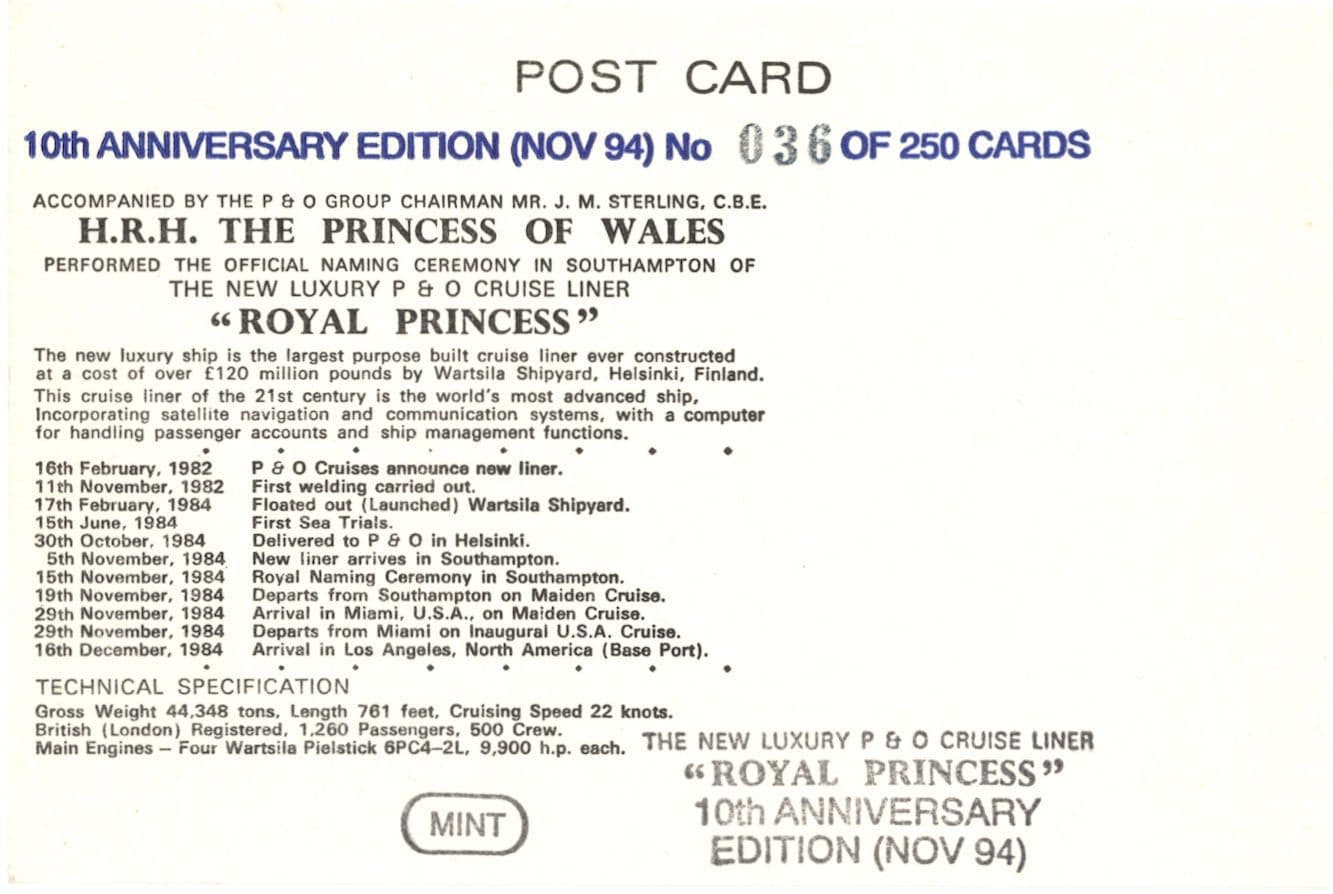 Royal Princess Diana New Luxury Cruise Liner Ship Limited 250 Postcard