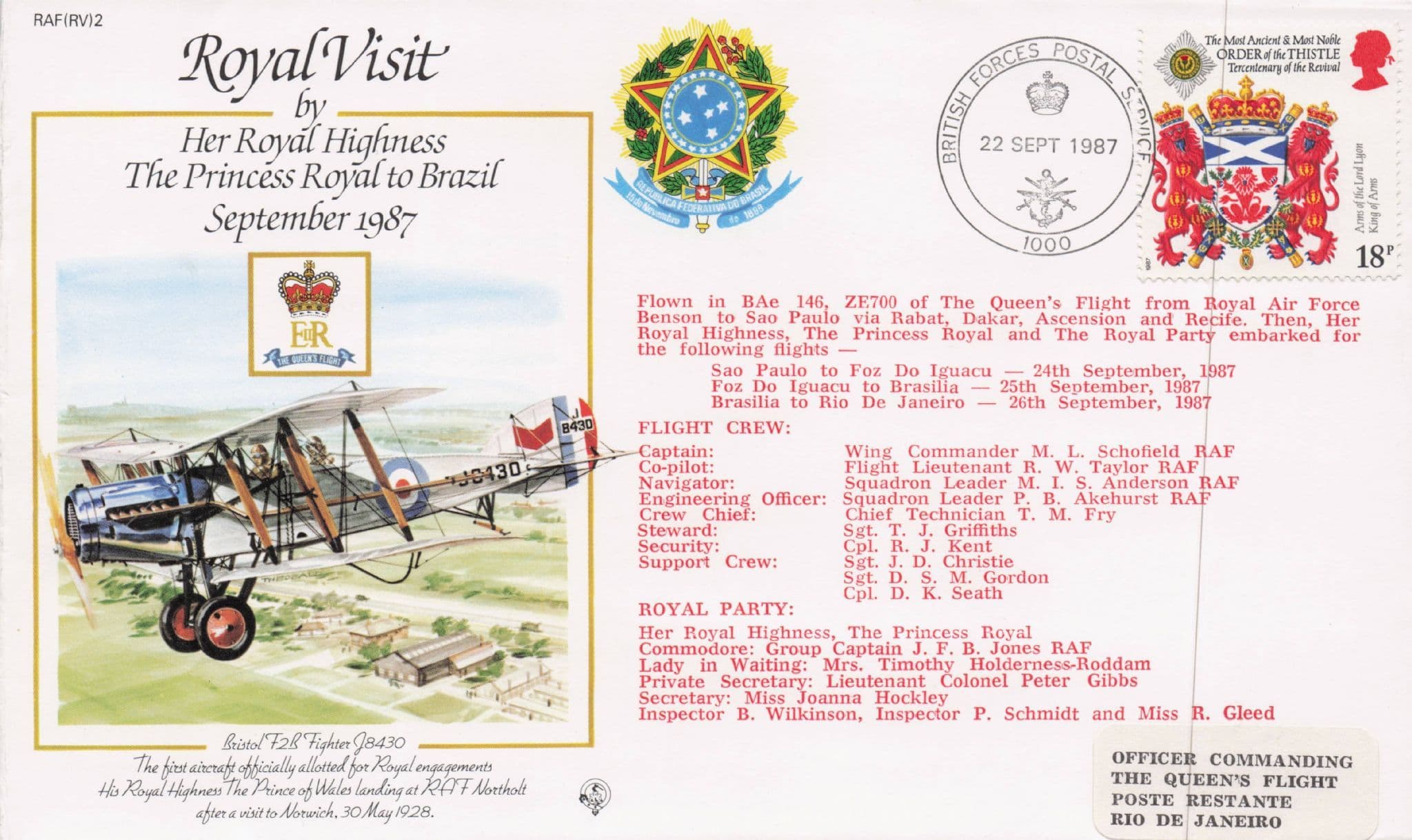 Royal Visit To Brazil Queen Elizabeth Rare 1987 Plane Flight Flown FDC