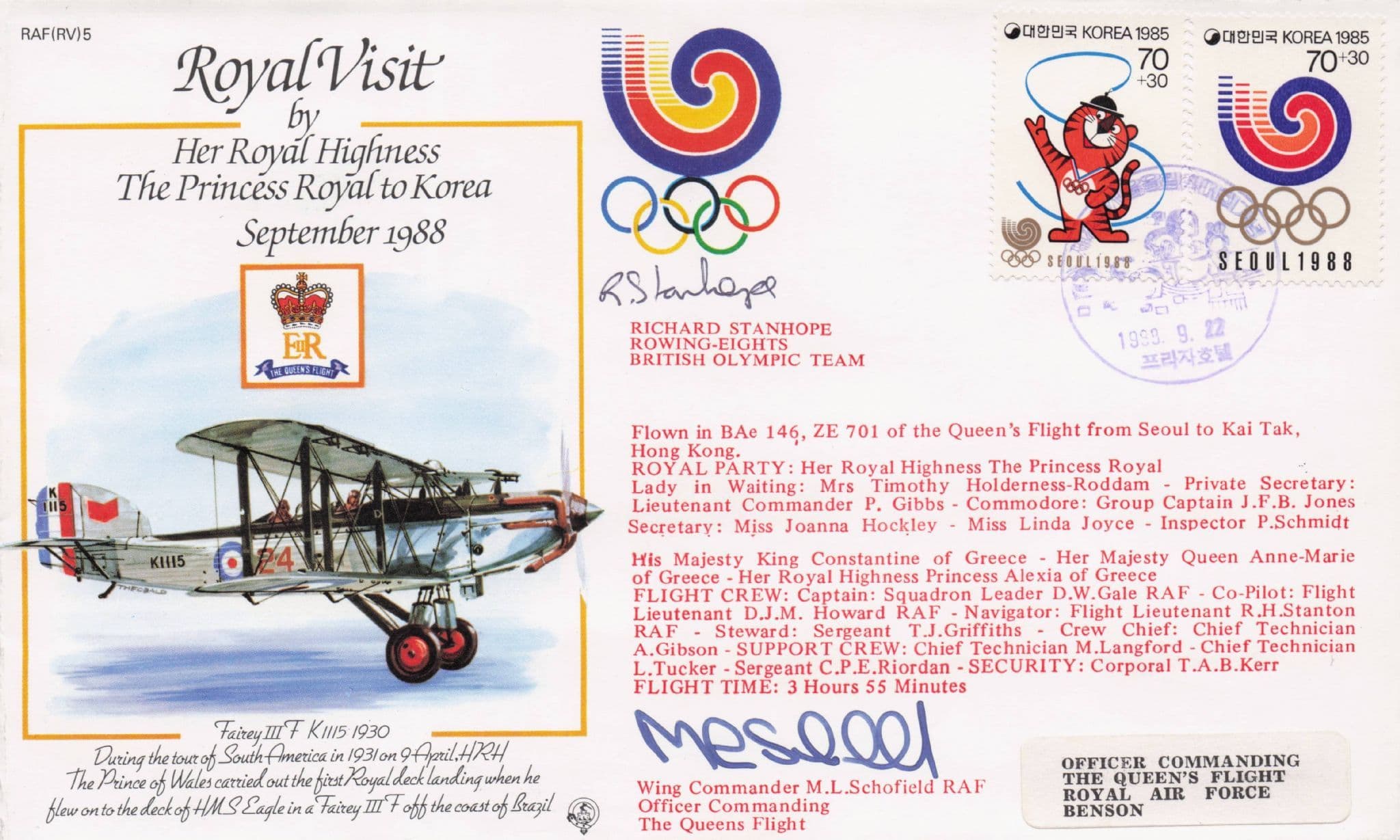 Royal Visit To Korea Olympics Richard Stanhope Rowing GB Champion Hand Signed FDC