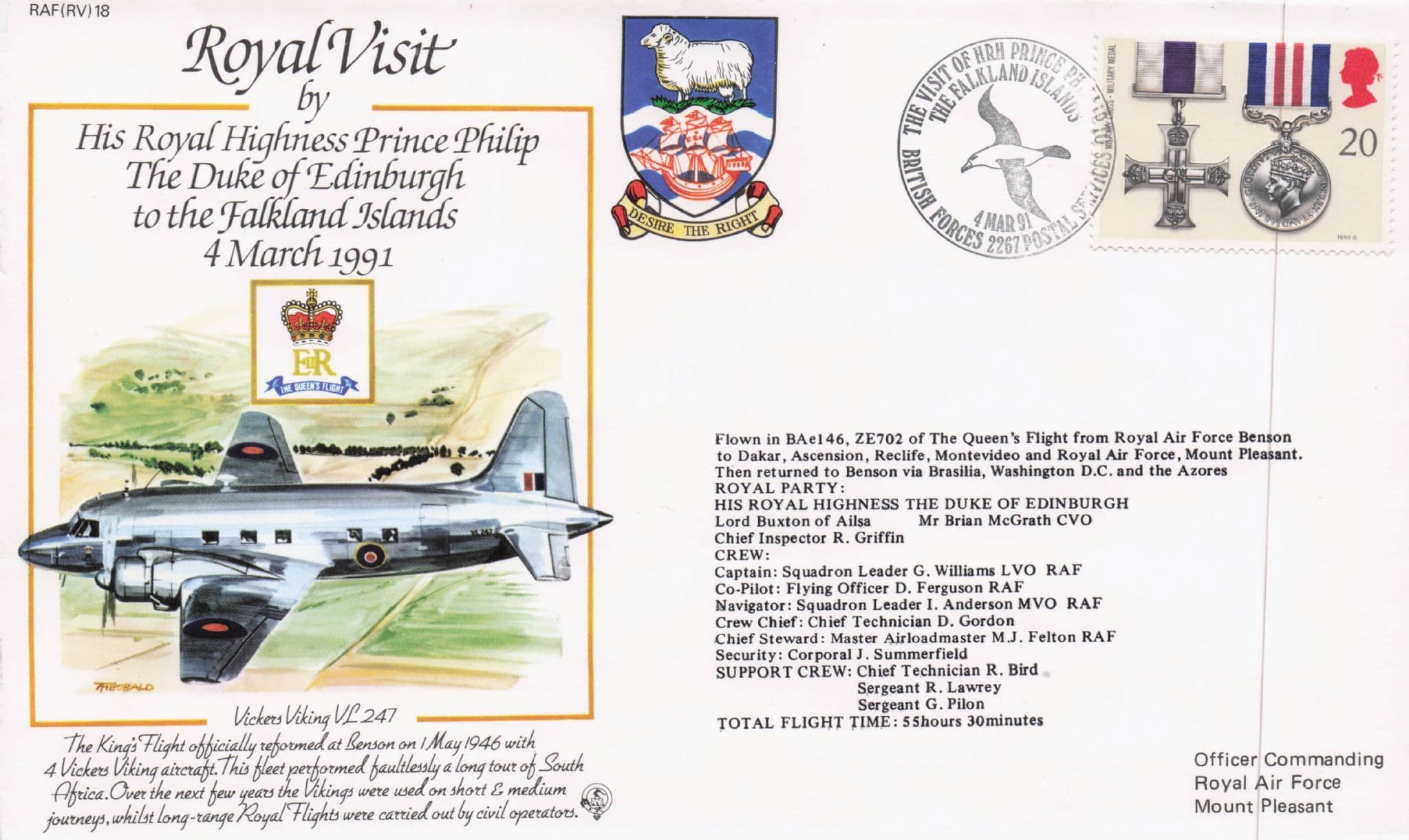 Royal Visit To The Falkland Islands Duke Of Edinburgh 1991 Plane Flight Flown FDC