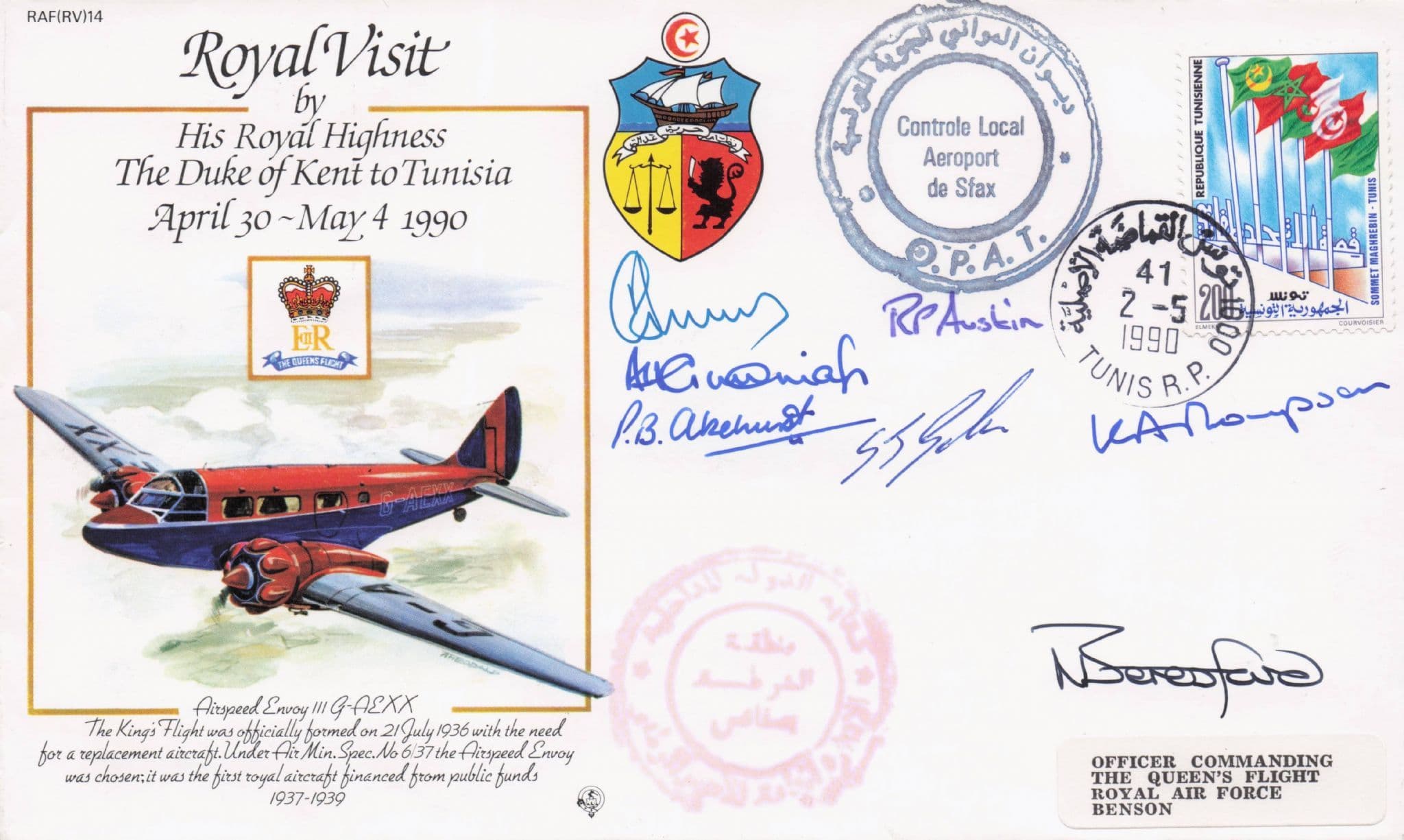 Royal Visit To Tunisia Duke Of Kent Rare 1990 MULTI Hand Signed FDC