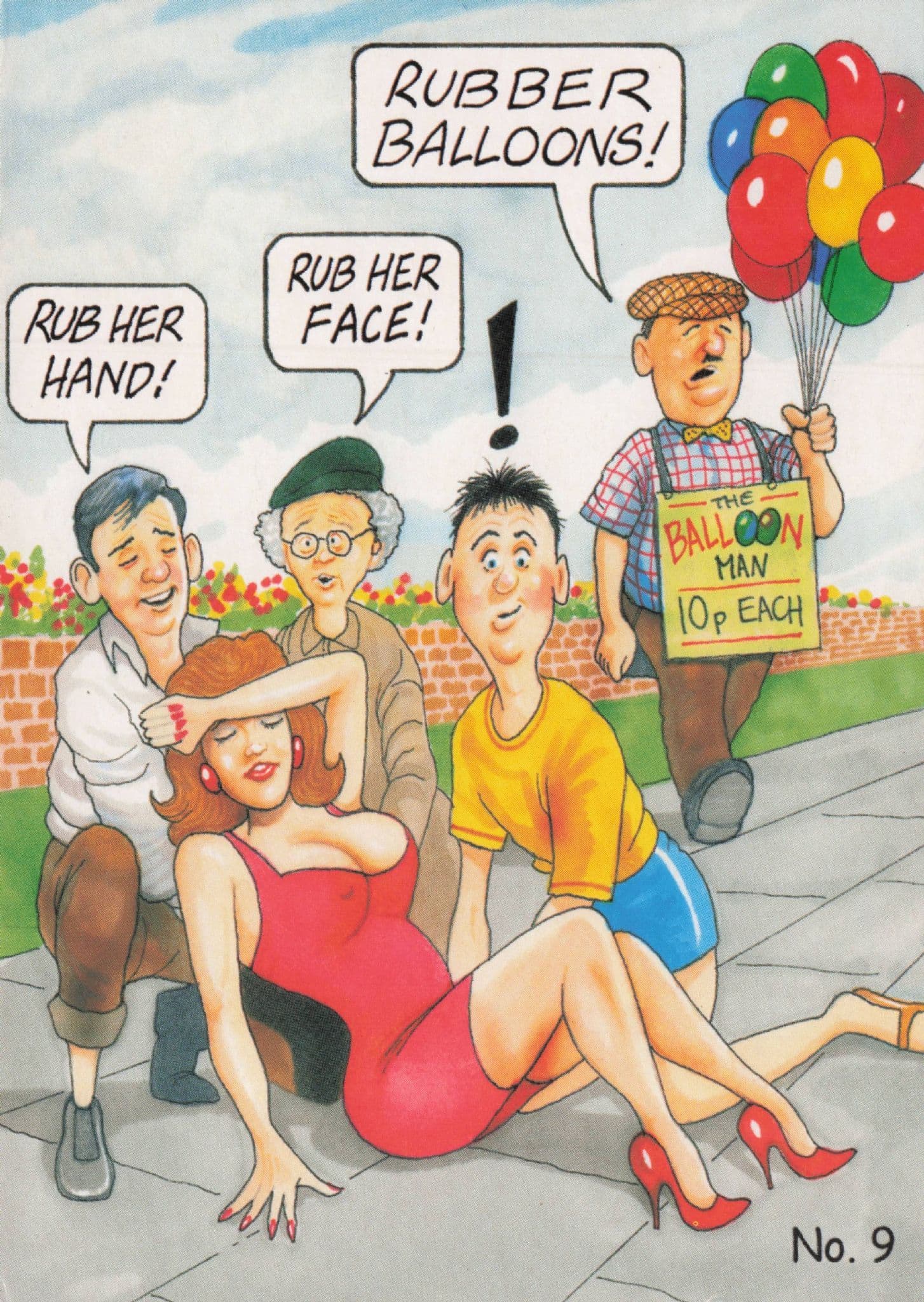 Rubber Toy Balloon Man Vendor Sexy Lady Fainting Comic Postcard