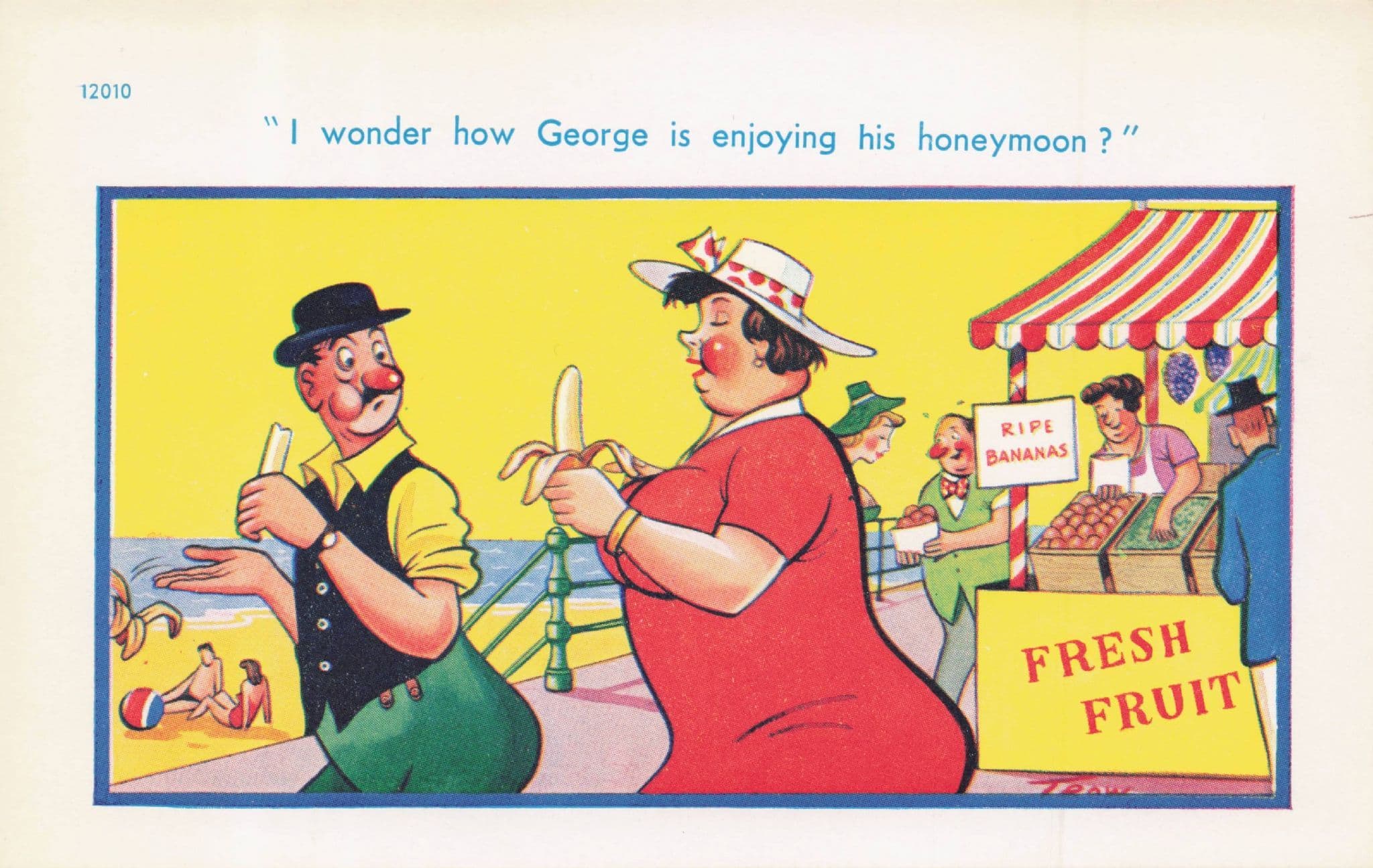 Rude Fat Lady & Banana Fresh Fruit Stall Beach 1970s Comic Postcard