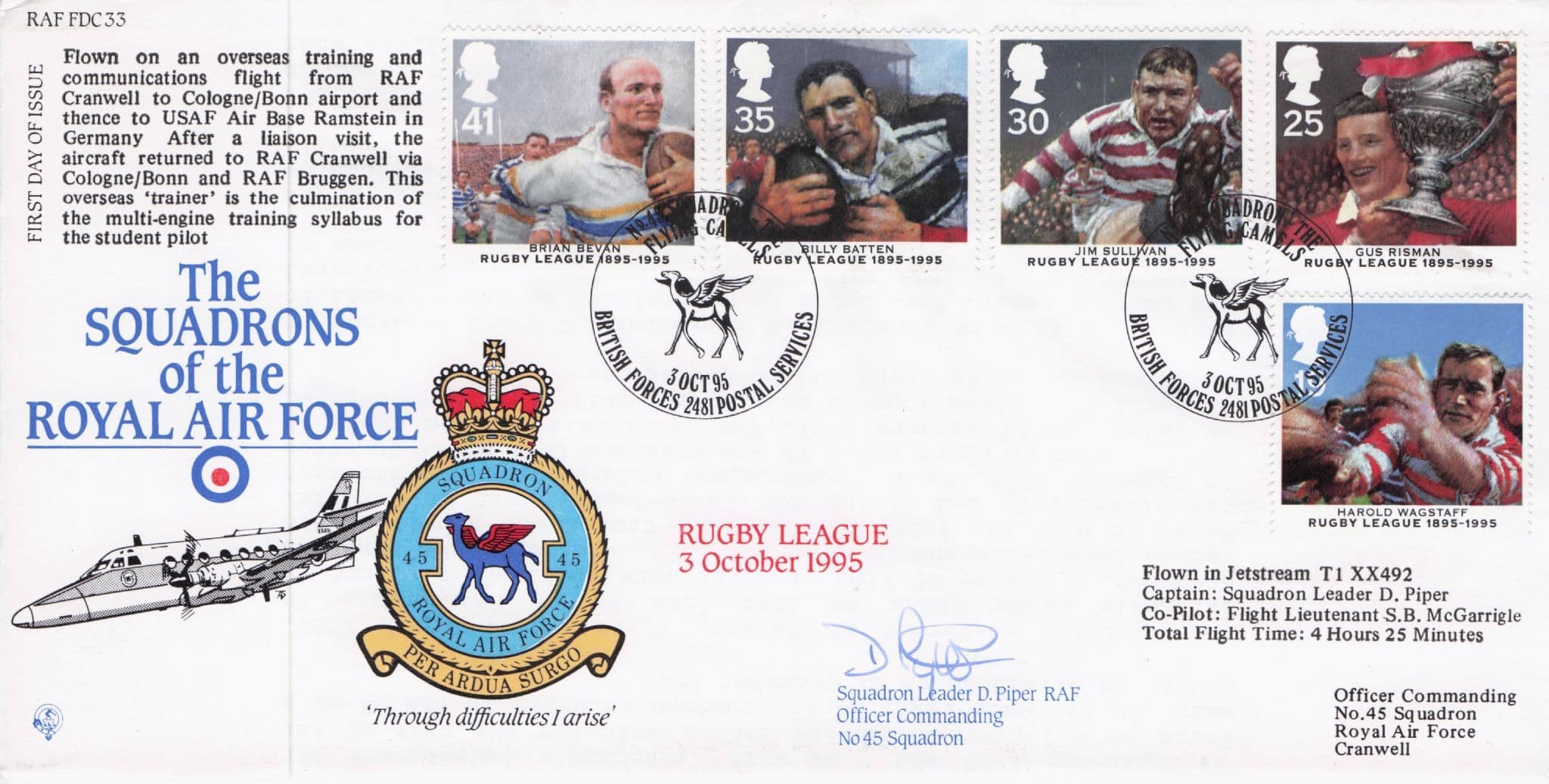 Rugby League Sport 1995 Military Squadrons Of The Royal Air Force Hand Signed FDC