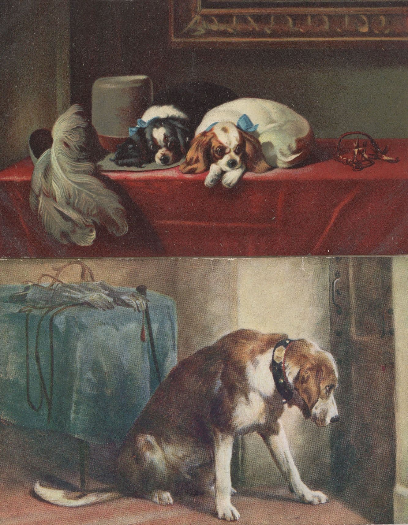 Sad Dogs In Posh Homes 2x Antique Dog Painting Postcard s