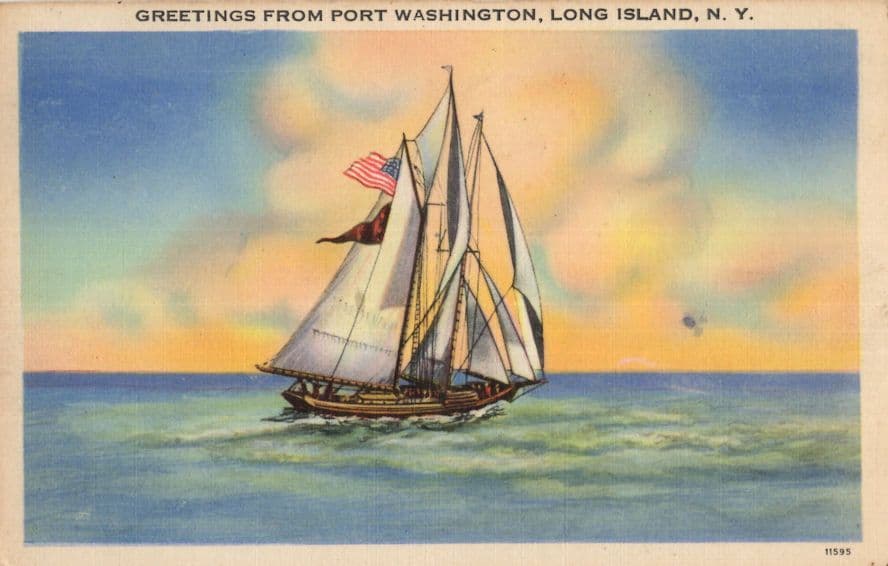 Sailing Ship Greetings From Port Washington Long Island NY USA WW2 Old Postcard
